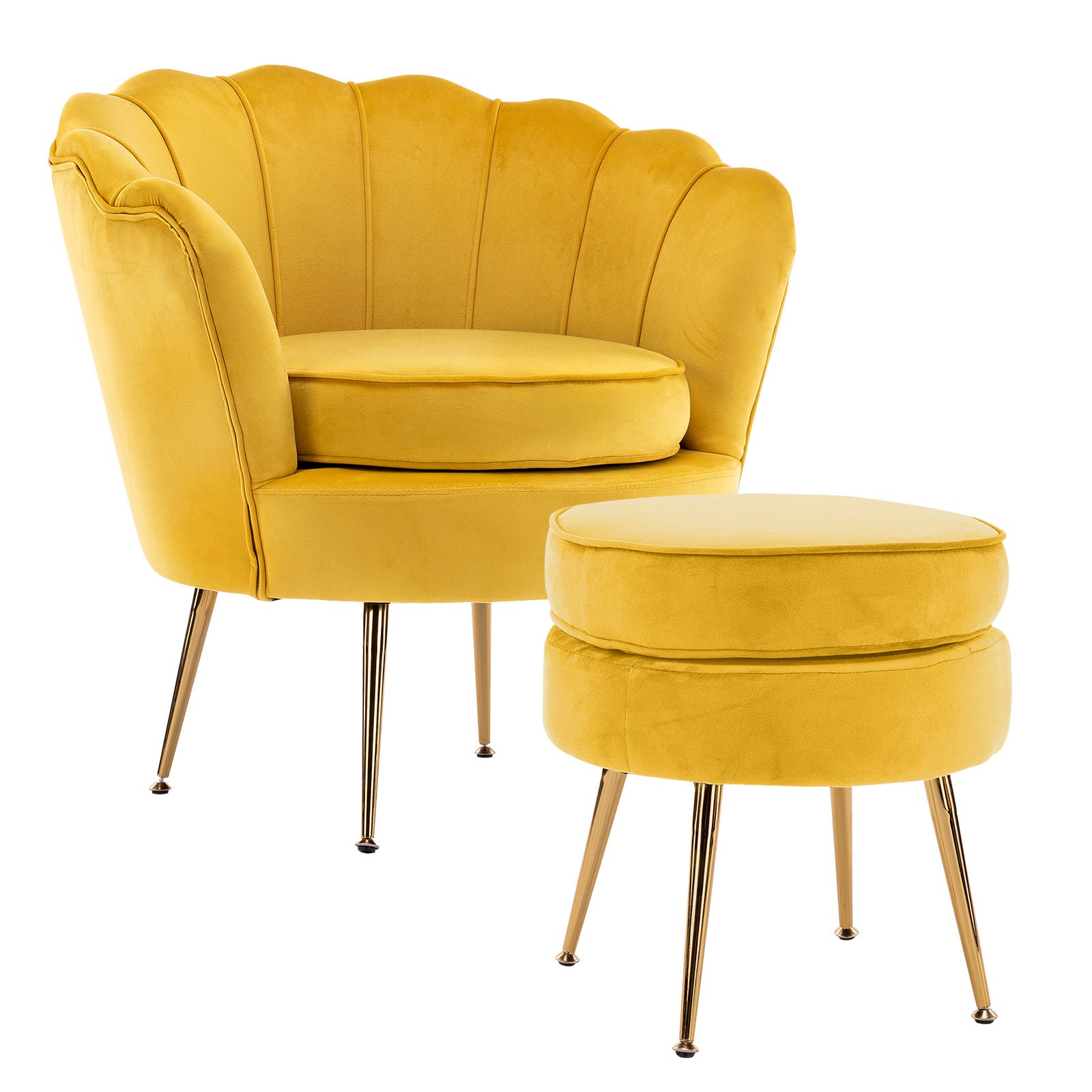 Velvet Scalloped Armchair & Ottoman Set, Gold Legs - La Bella