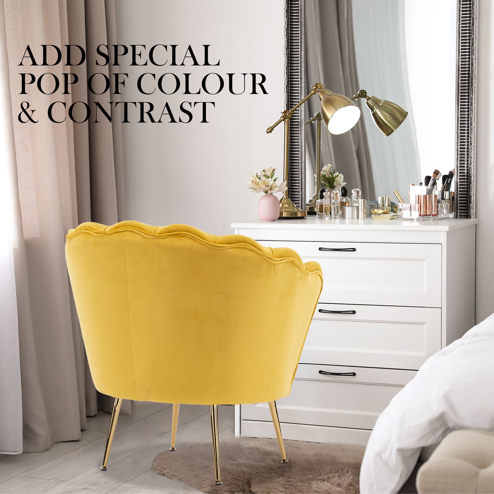 Velvet Scalloped Armchair & Ottoman Set, Gold Legs - La Bella