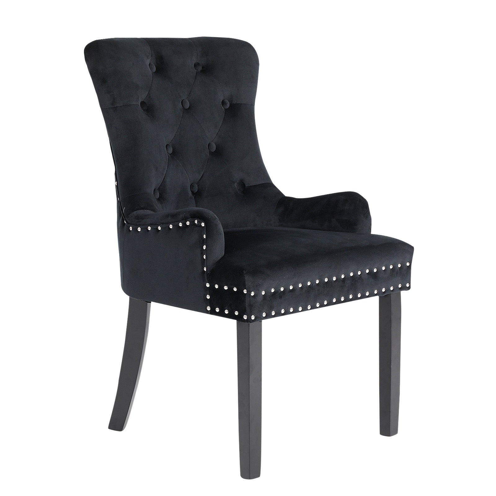 French Provincial Black Velvet Dining Chair, Ring Studded