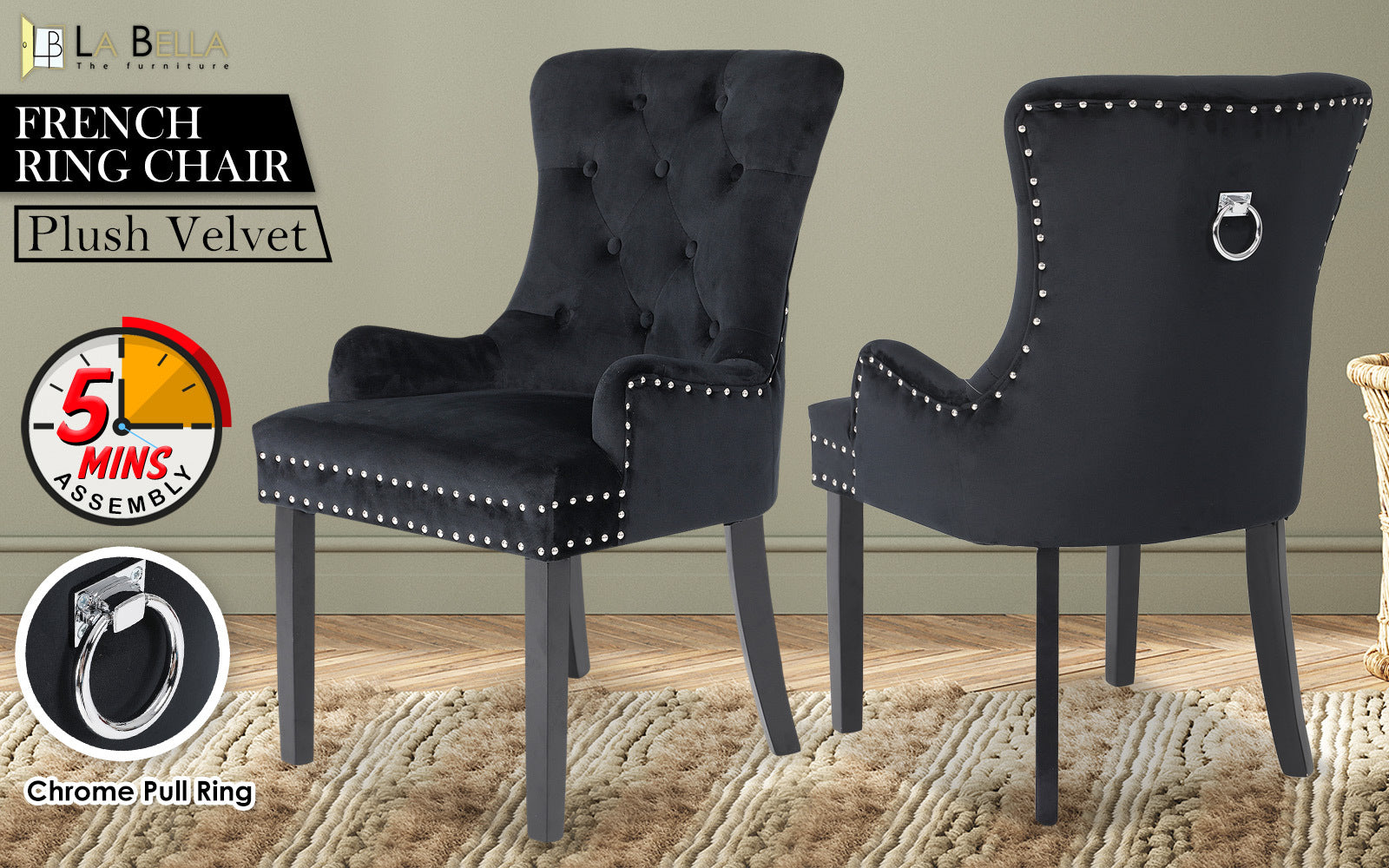 French Provincial Black Velvet Dining Chair, Ring Studded