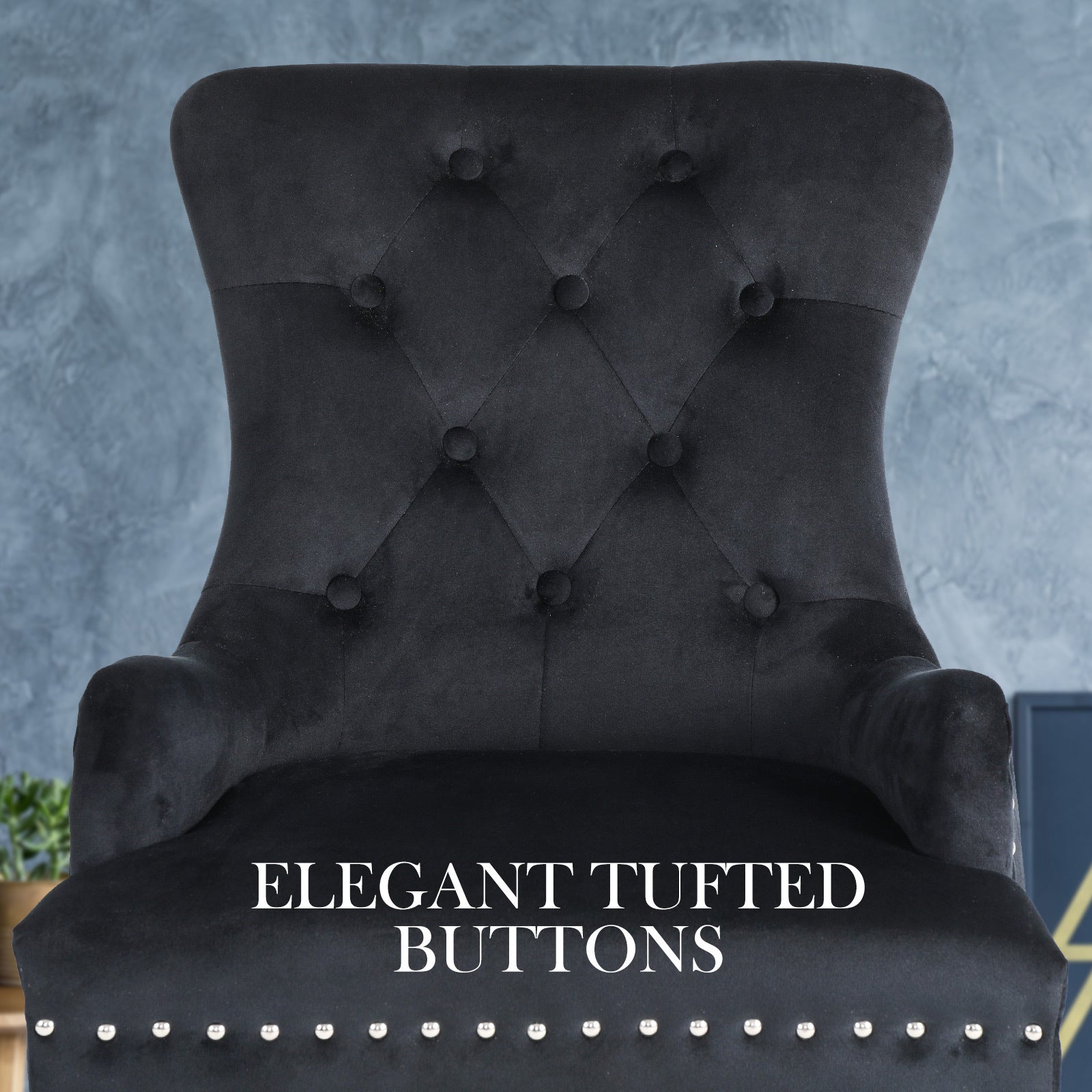 French Provincial Black Velvet Dining Chair, Ring Studded