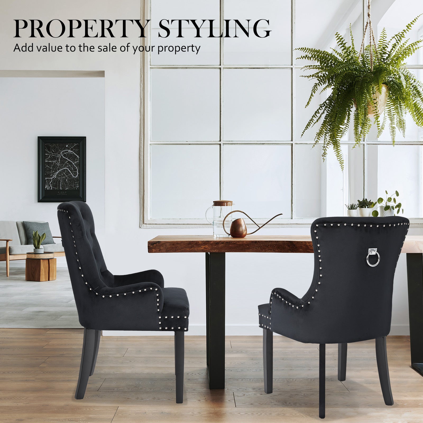 French Provincial Black Velvet Dining Chair, Ring Studded