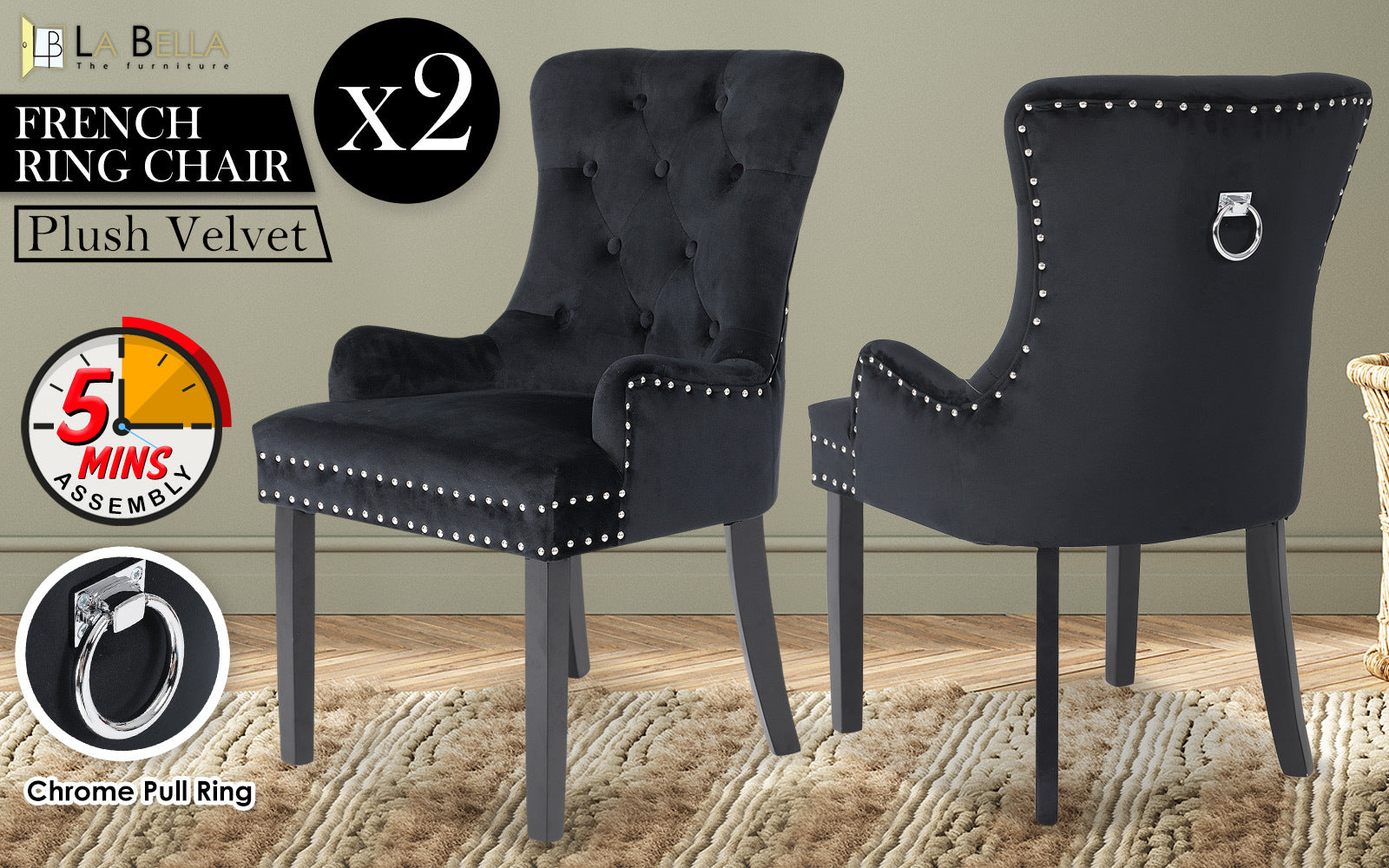 Velvet Upholstered Dining Chairs with Studded Detailing, 2PC Set - La Bella