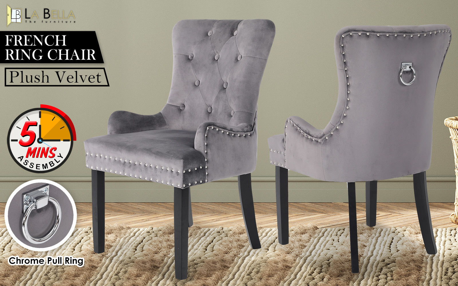 Elegant Velvet French Provincial Dining Chair, Grey - La Bella