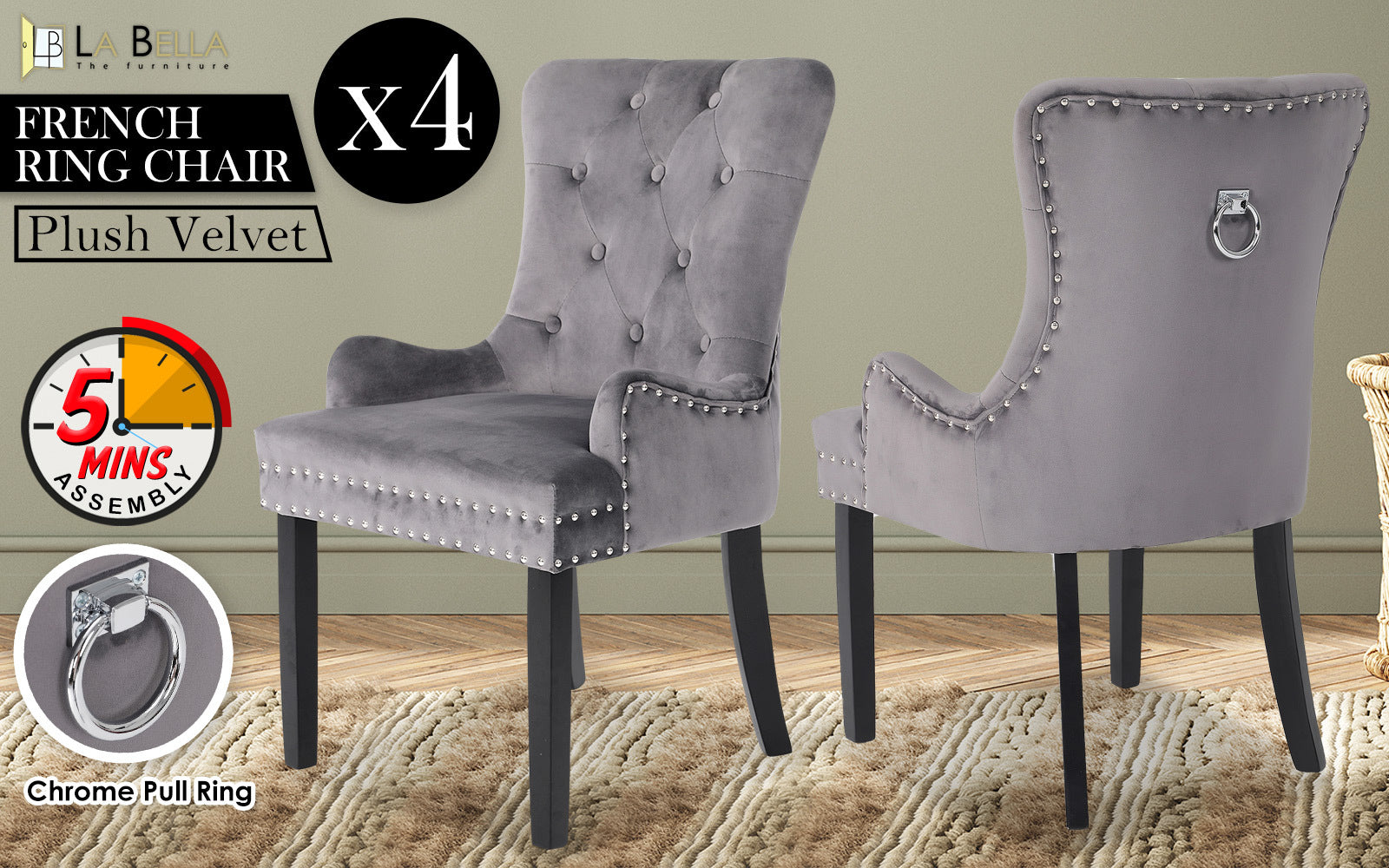 Grey Velvet Upholstery Dining Chairs Set of 4, Rubberwood Legs - La Bella