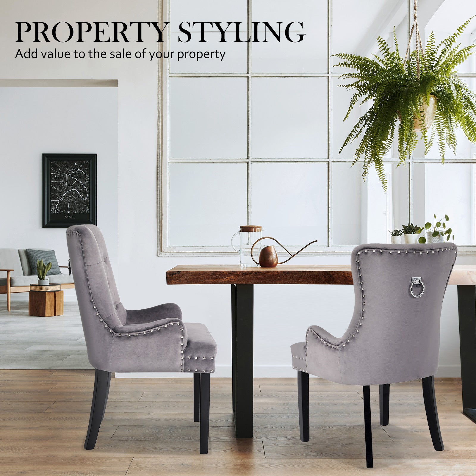 Grey Velvet Upholstery Dining Chairs Set of 4, Rubberwood Legs - La Bella