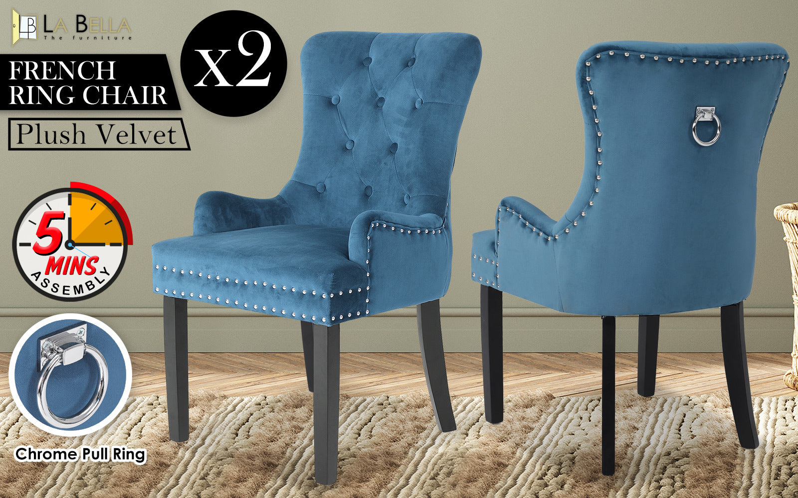 Velvet Studded Dining Chairs, 11cm Cushion, Chrome Ring, 2X La Bella