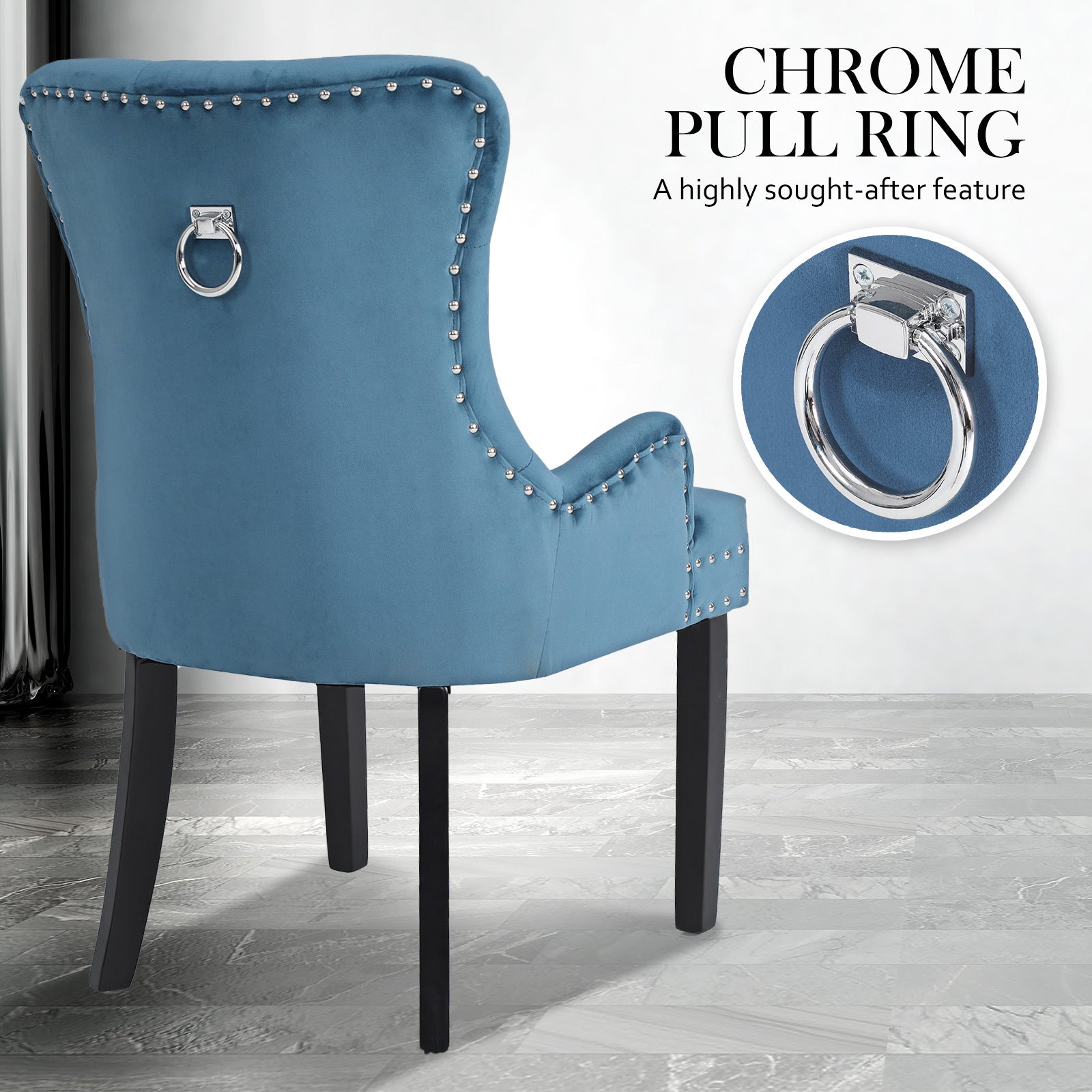 Velvet Studded Dining Chairs, 11cm Cushion, Chrome Ring, 2X La Bella