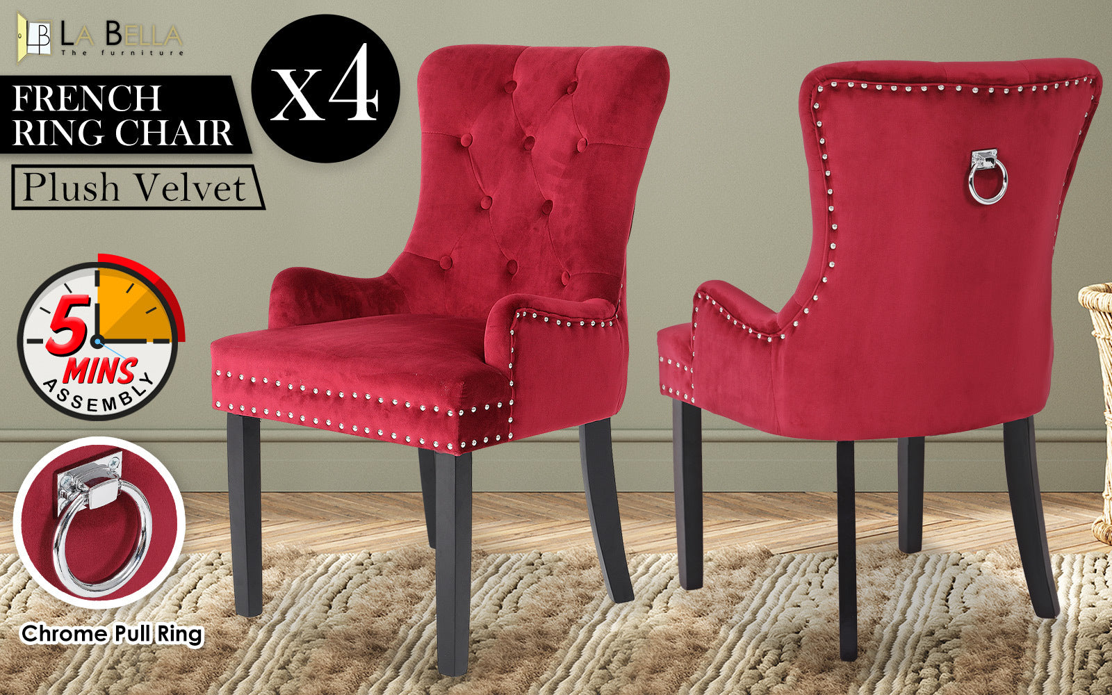 Bordeaux Red Velvet French Dining Chairs Set of 4, La Bella