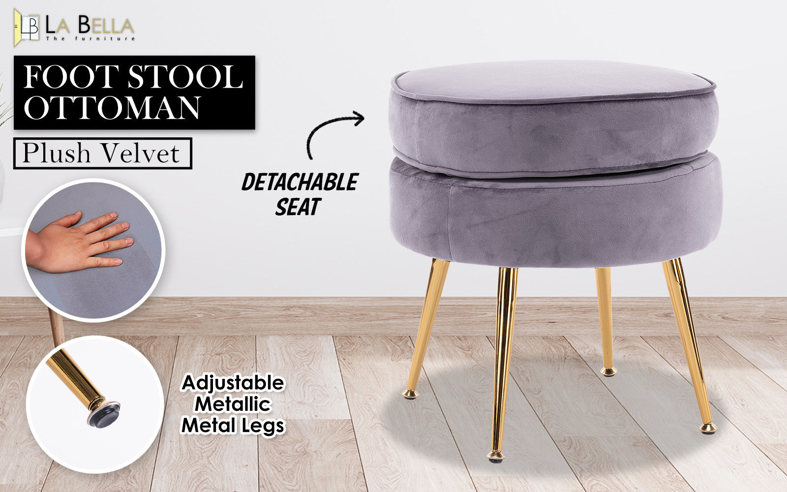 Breathable Velvet Ottoman Foot Stool with Gold Legs - Grey La Bella