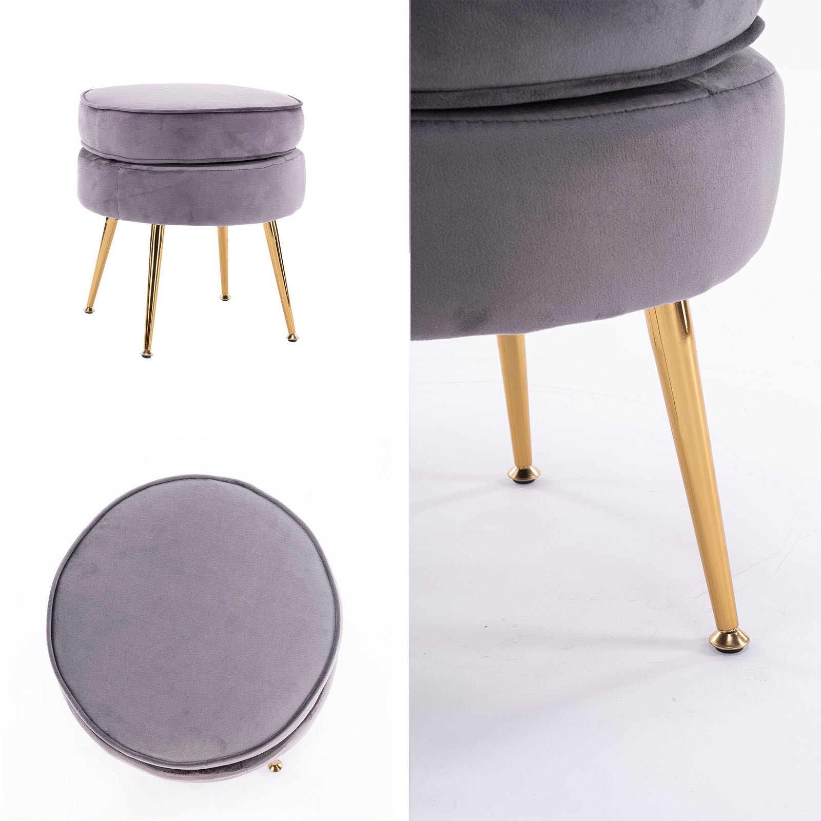 Breathable Velvet Ottoman Foot Stool with Gold Legs - Grey La Bella