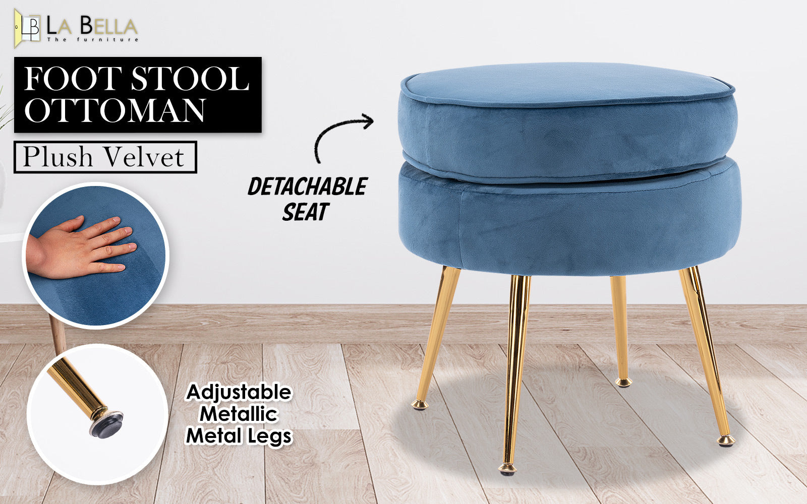 Navy Blue Velvet Foot Stool with Gold Legs, La Bella