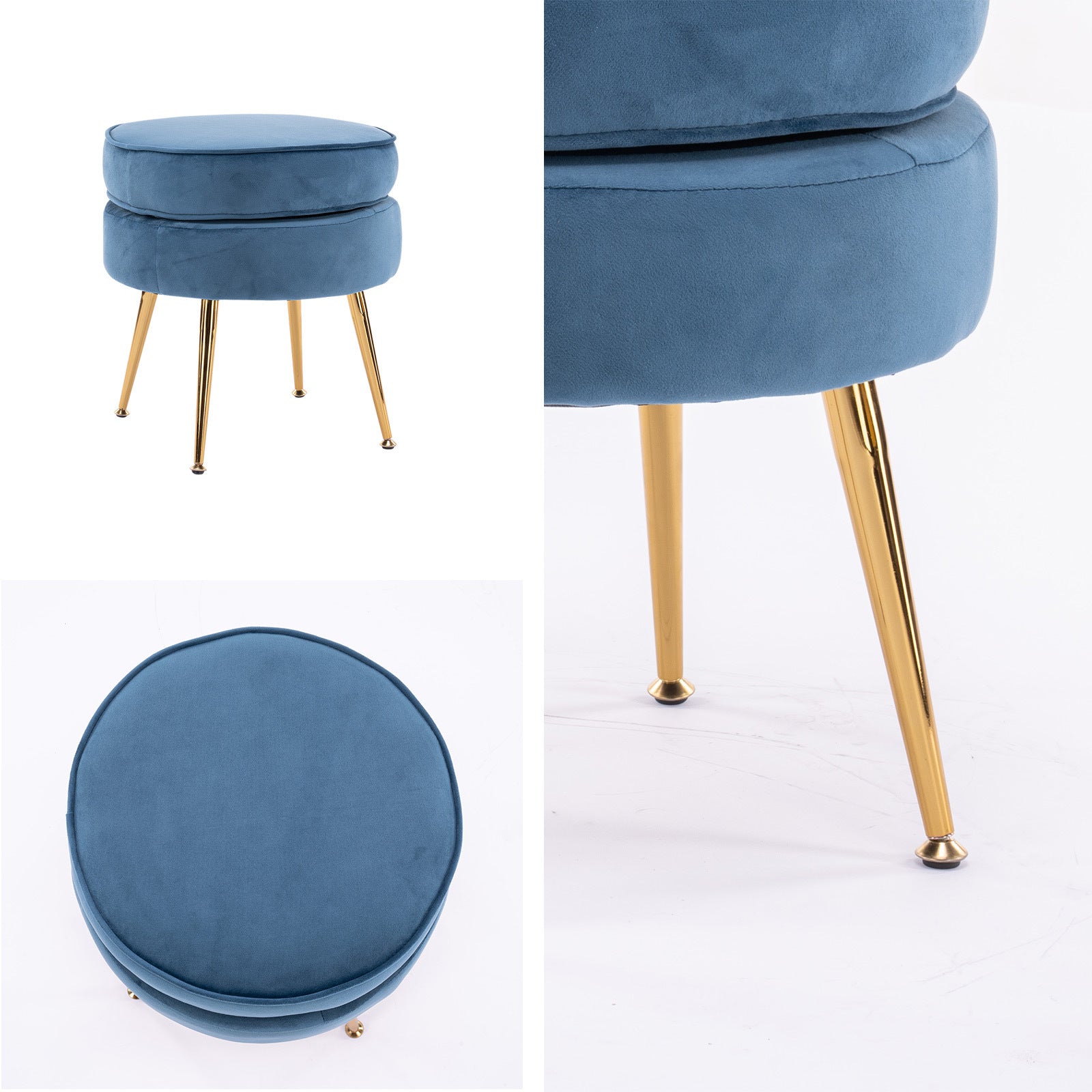 Navy Blue Velvet Foot Stool with Gold Legs, La Bella