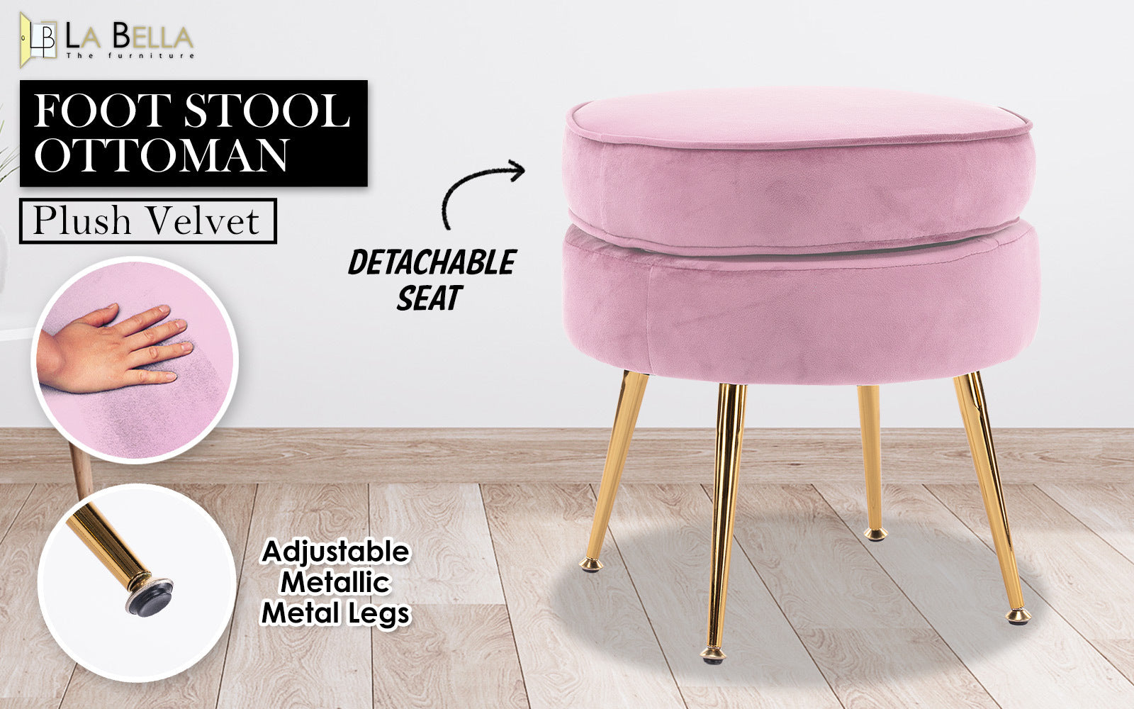 Pink Velvet Ottoman Footstool, Gold Metal Legs - La Bella