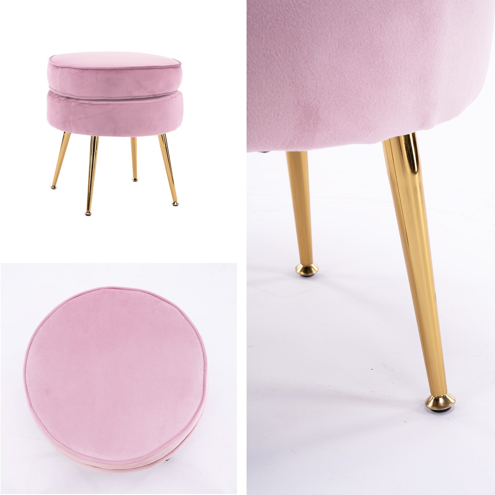 Pink Velvet Ottoman Footstool, Gold Metal Legs - La Bella