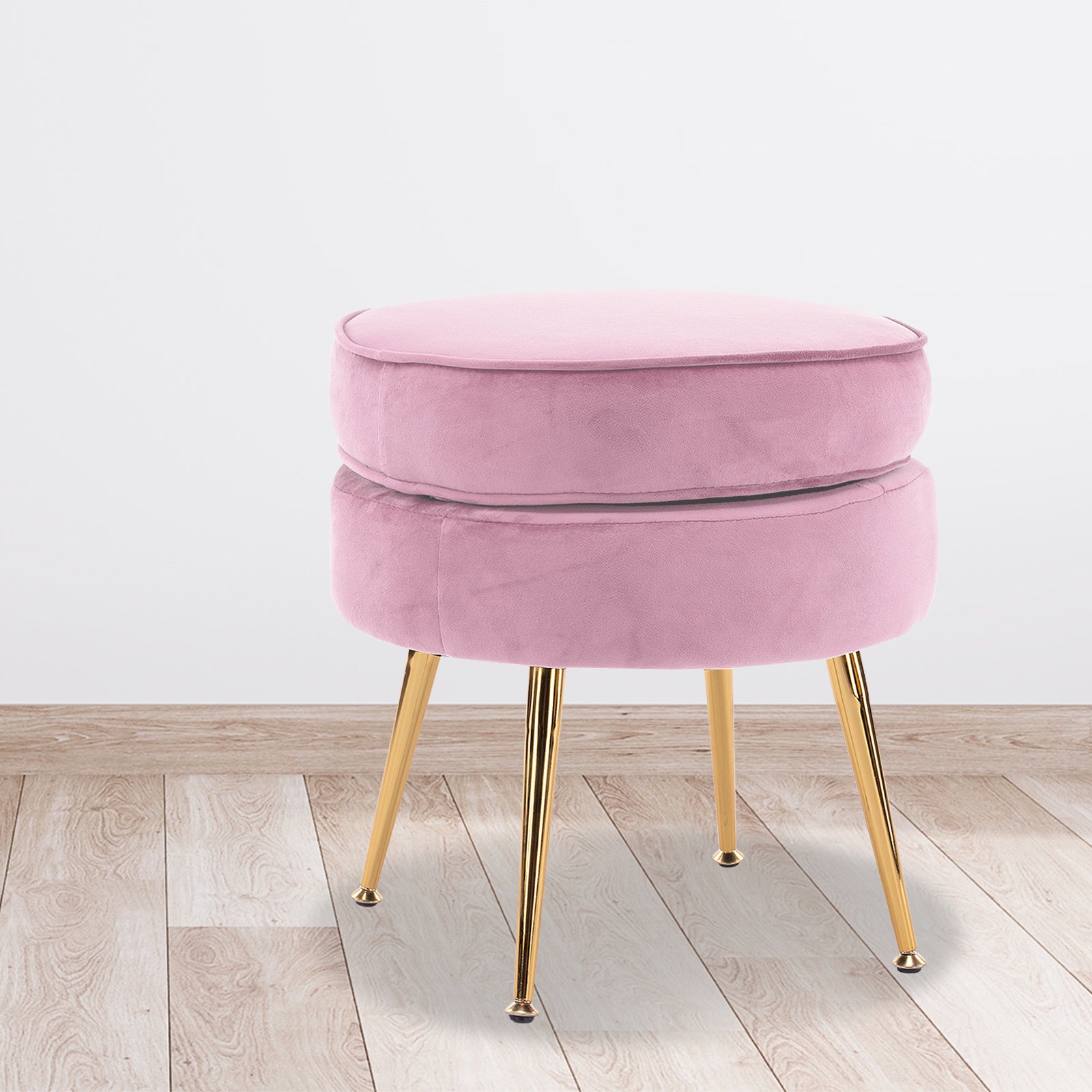 Pink Velvet Ottoman Footstool, Gold Metal Legs - La Bella