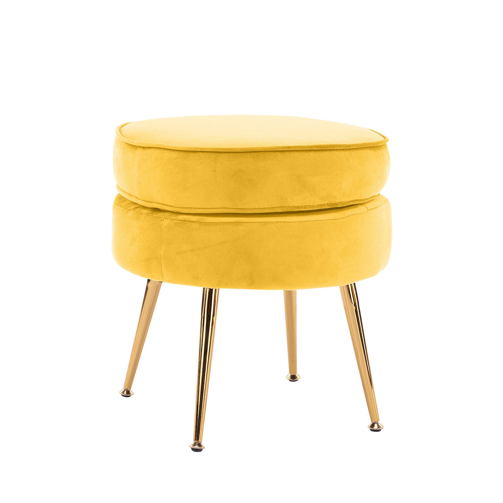 Velvet Round Ottoman Stool, Gold Metal Legs, Yellow - La Bella