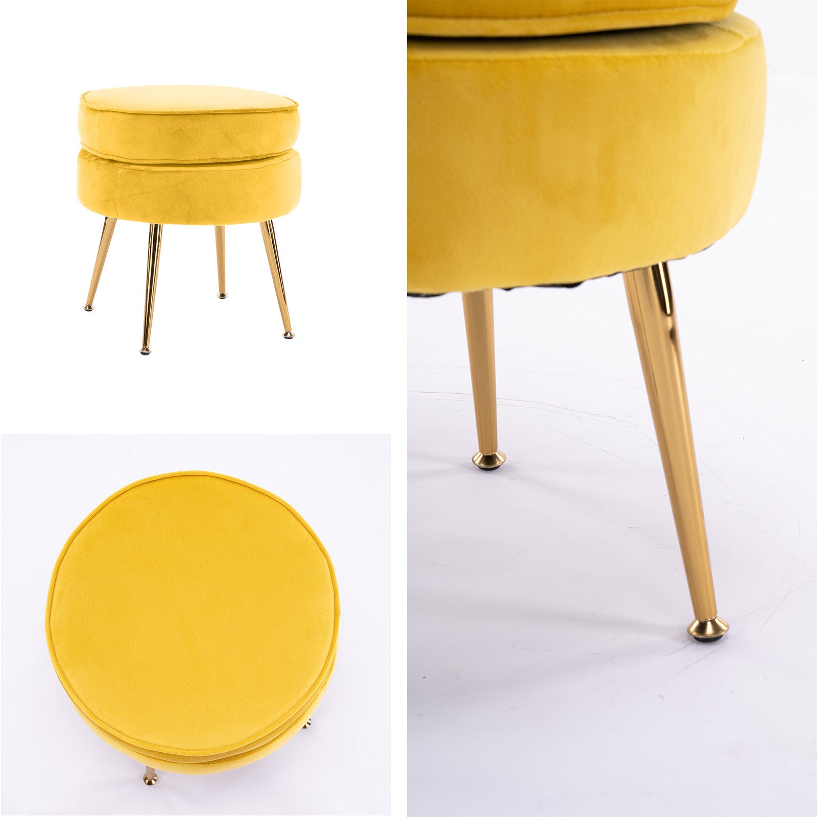 Velvet Round Ottoman Stool, Gold Metal Legs, Yellow - La Bella