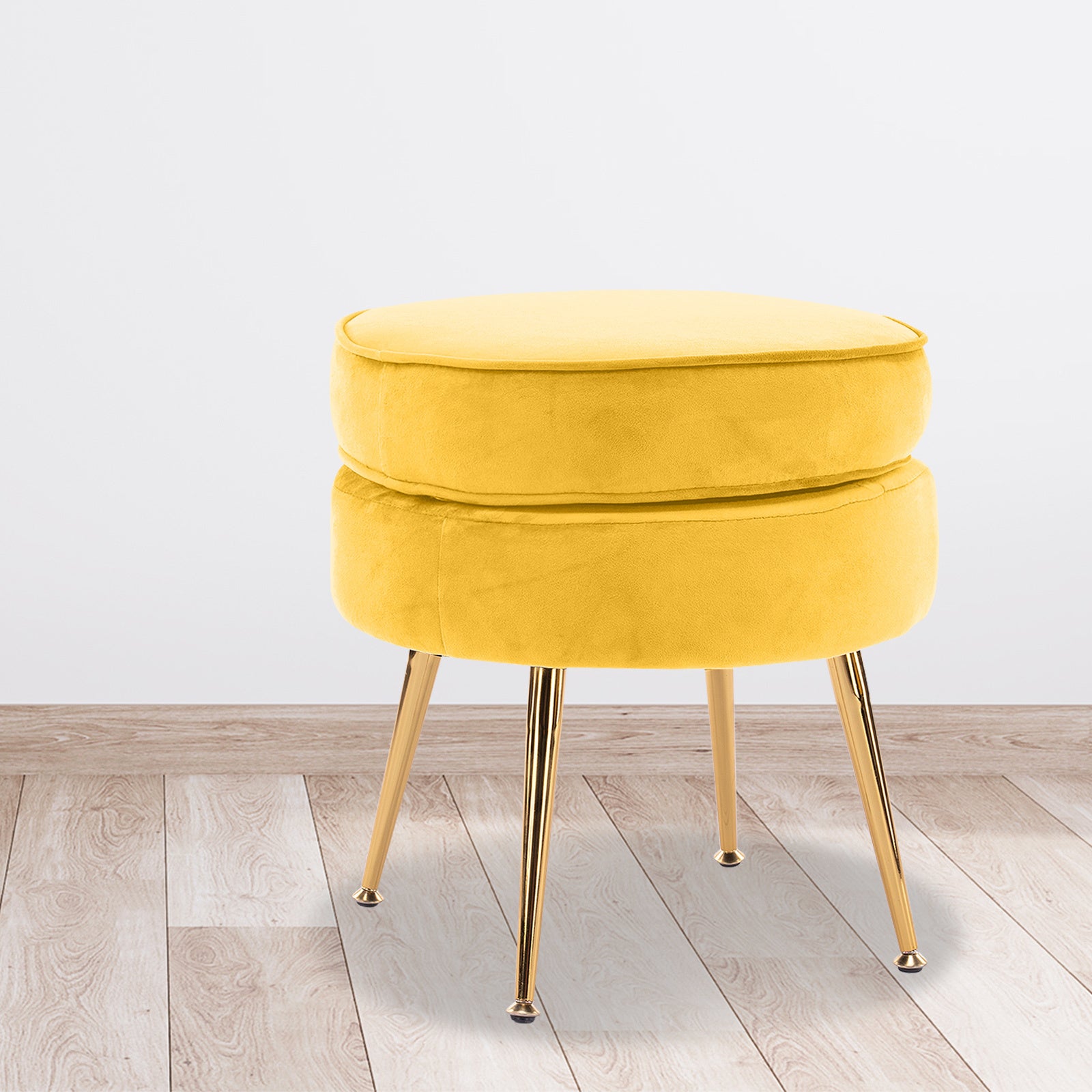 Velvet Round Ottoman Stool, Gold Metal Legs, Yellow - La Bella