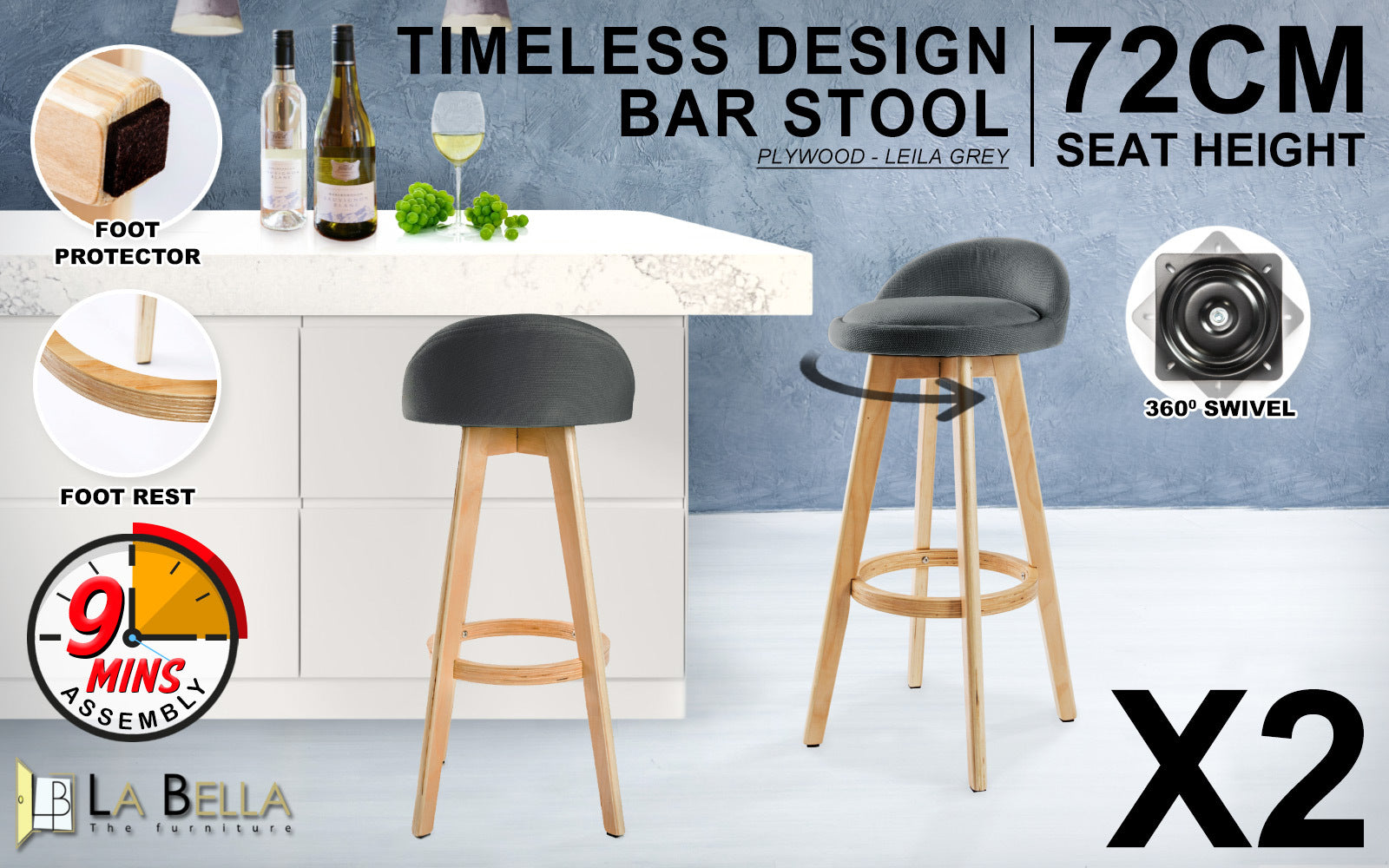 Grey Fabric 72cm Bar Stool Set with 360 Swivel - La Bella