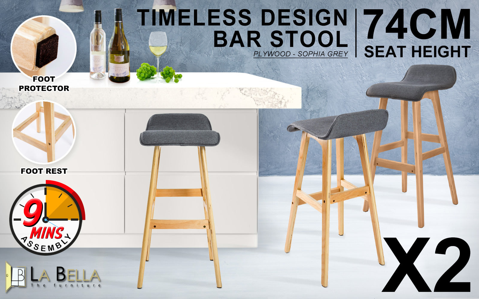 Set of 2 Upholstered Wooden Bar Stools, 74cm, Grey - La Bella