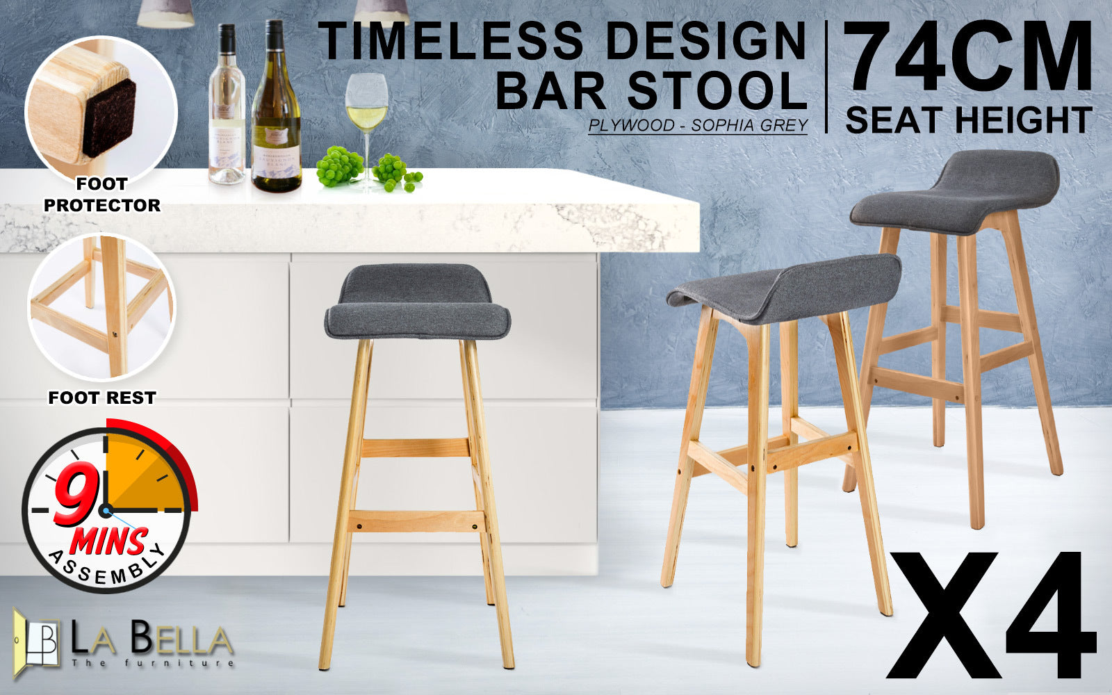 Set of 4 Fabric Upholstered Wooden Bar Stools, 74cm - La Bella