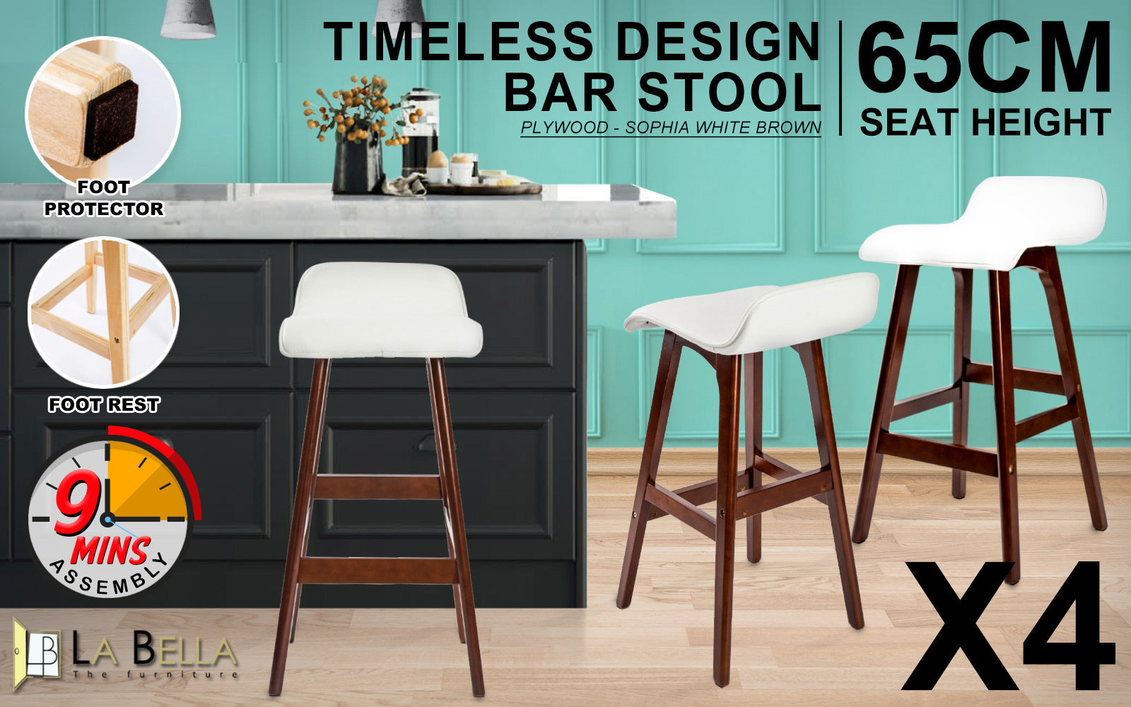 4X PU Leather Bar Stools, Wood Legs, 65cm, White Brown - La Bella