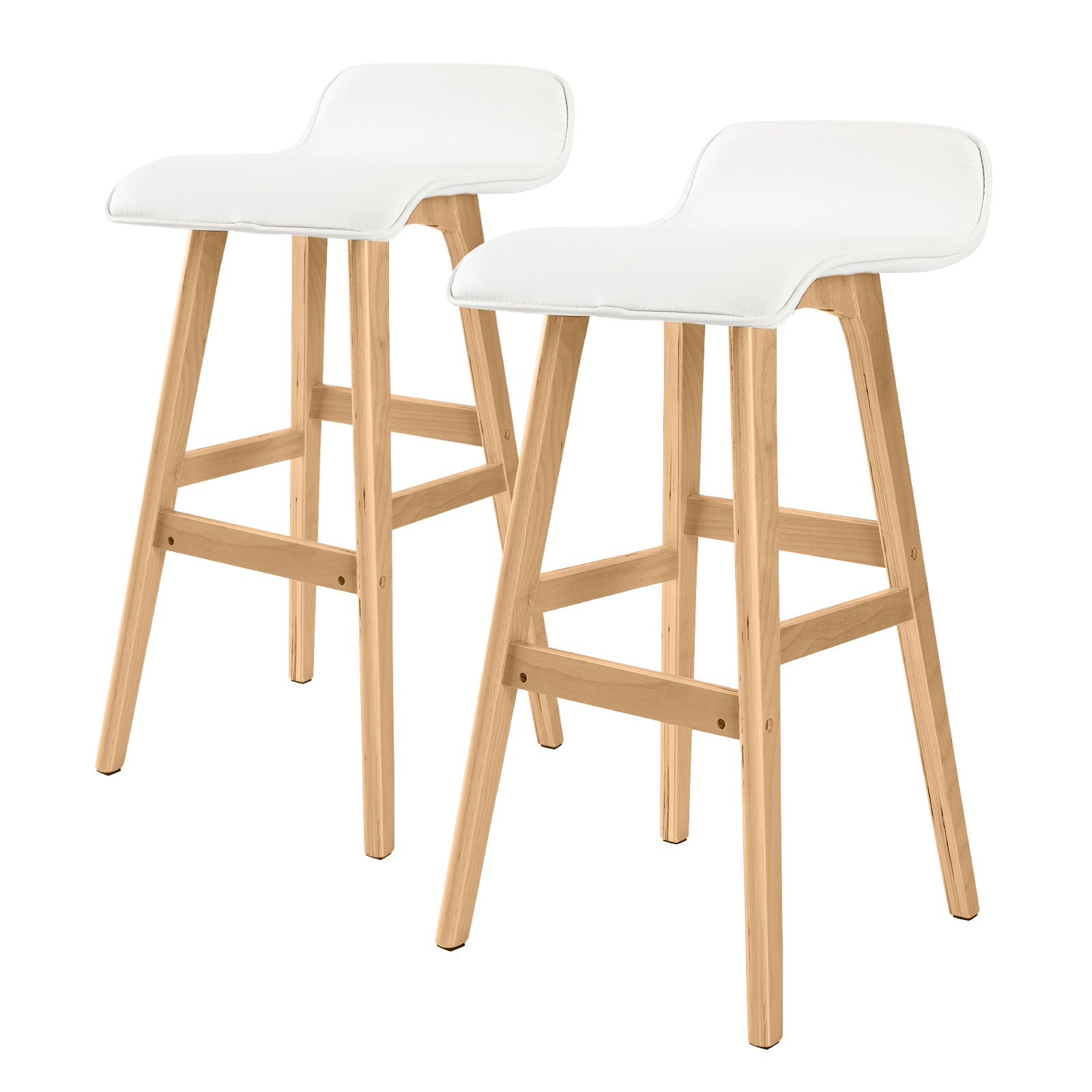 2X White PU Leather Bar Stool, Solid Plywood, 74cm - La Bella