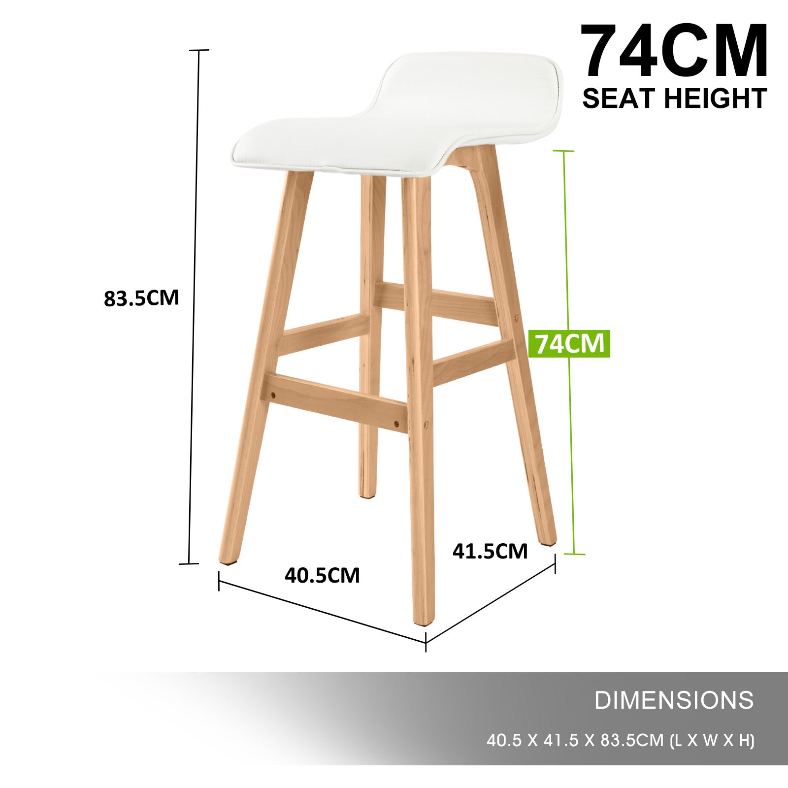 2X White PU Leather Bar Stool, Solid Plywood, 74cm - La Bella