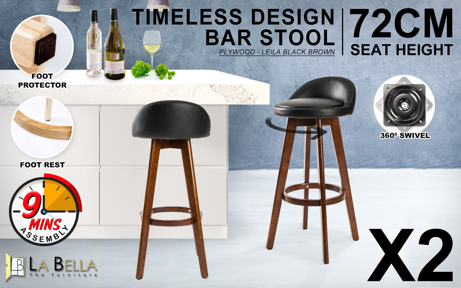 2X Swivel Bar Stools PVC Leather Seat Solid Plywood La Bella