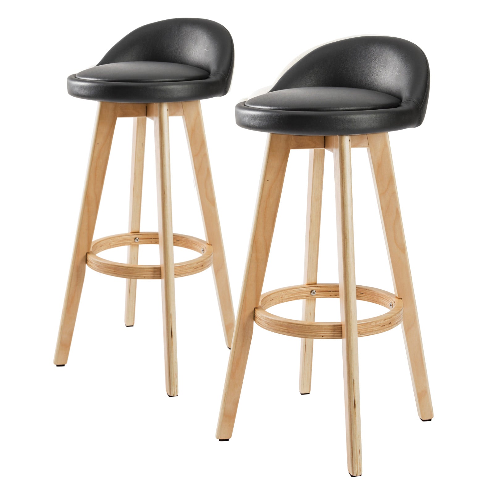 Set of 2 Swivel Wooden Bar Stools, PVC Leather, Black - La Bella