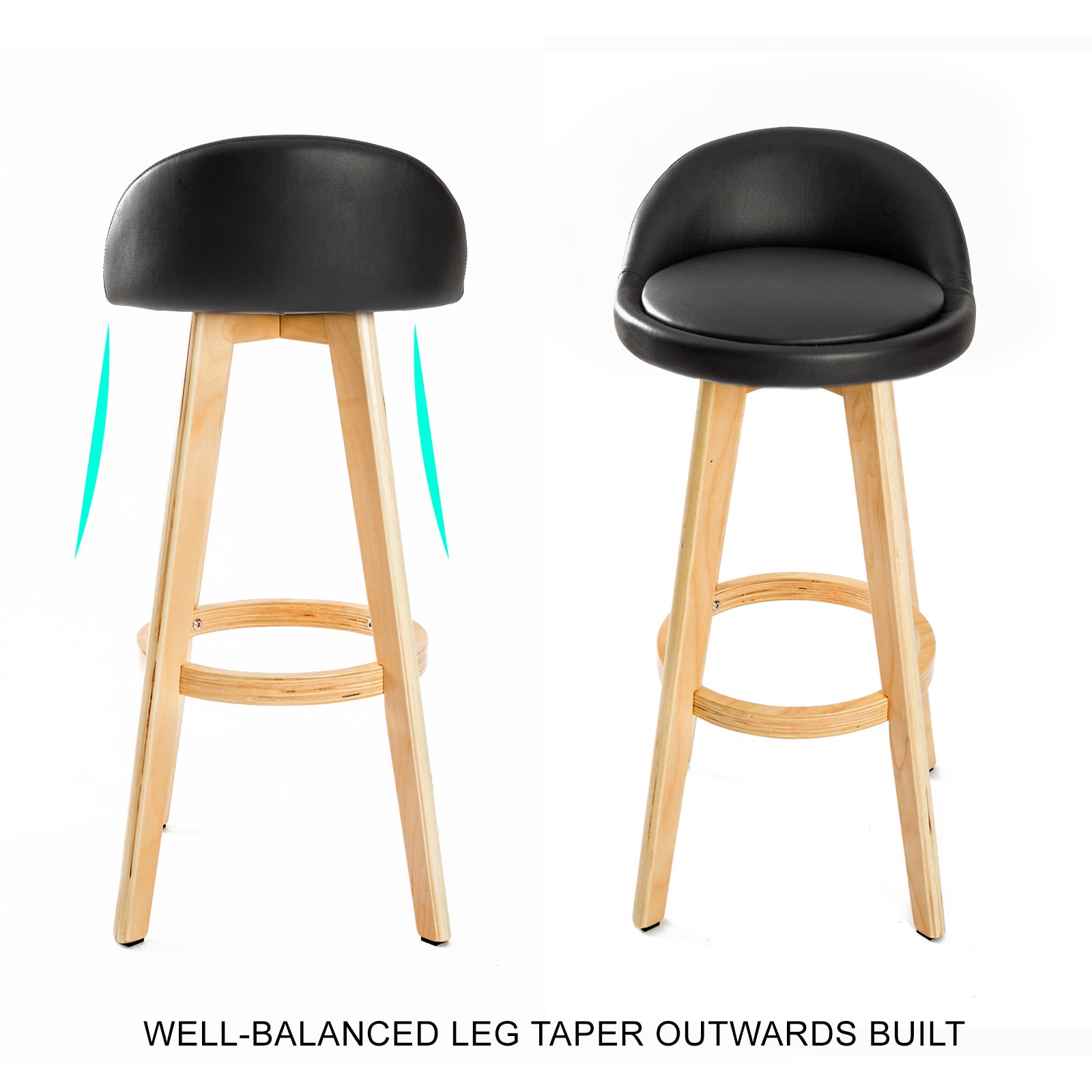 Set of 2 Swivel Wooden Bar Stools, PVC Leather, Black - La Bella