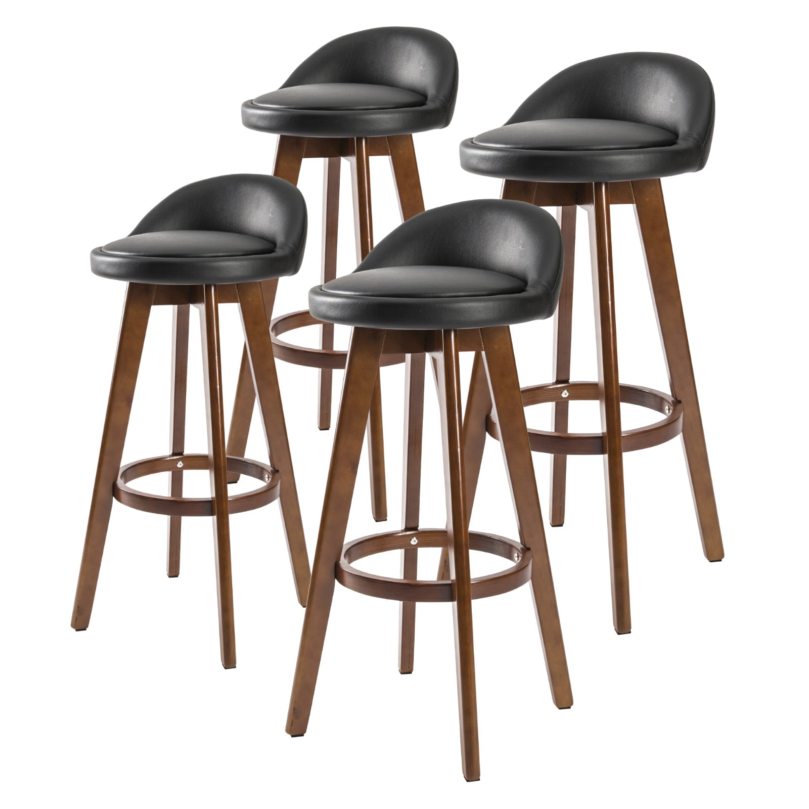 Sleek 4X 72cm Wooden Bar Stools Leather Padded, 360 Swivel, Black Brown - La Bella