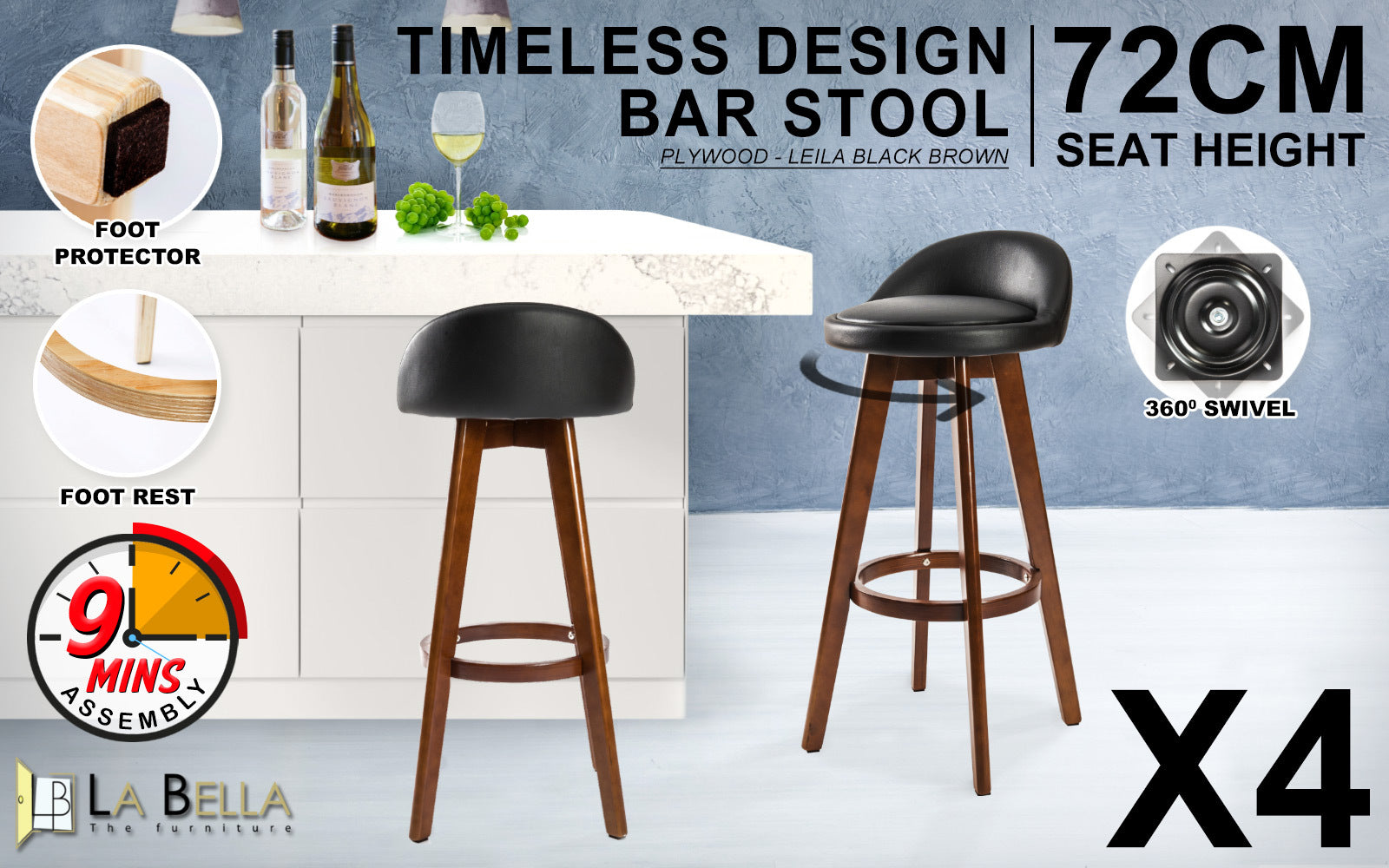 Sleek 4X 72cm Wooden Bar Stools Leather Padded, 360 Swivel, Black Brown - La Bella