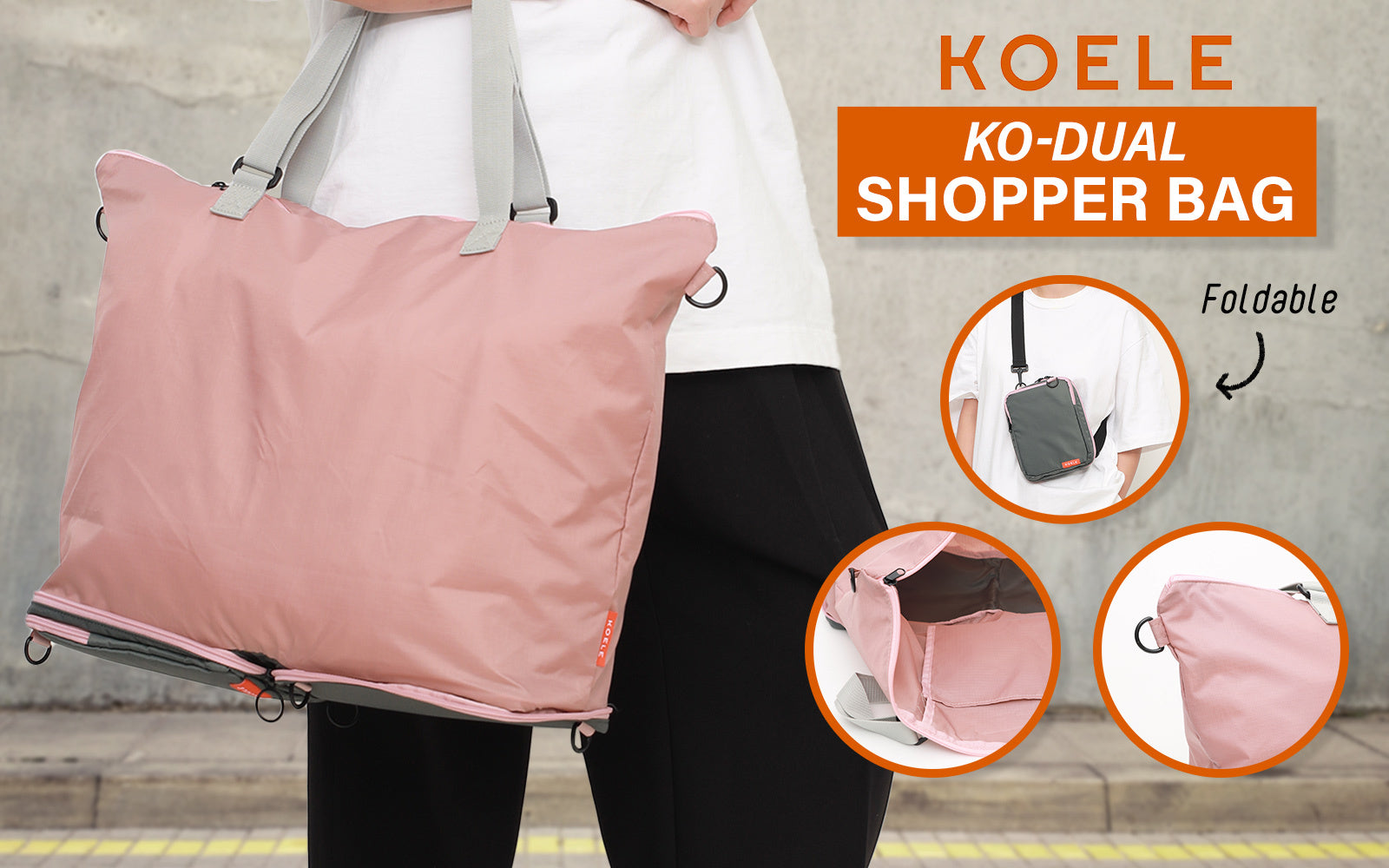 Waterproof Foldable Shopper Tote Laptop Bag, Compact, Pink - KOELE