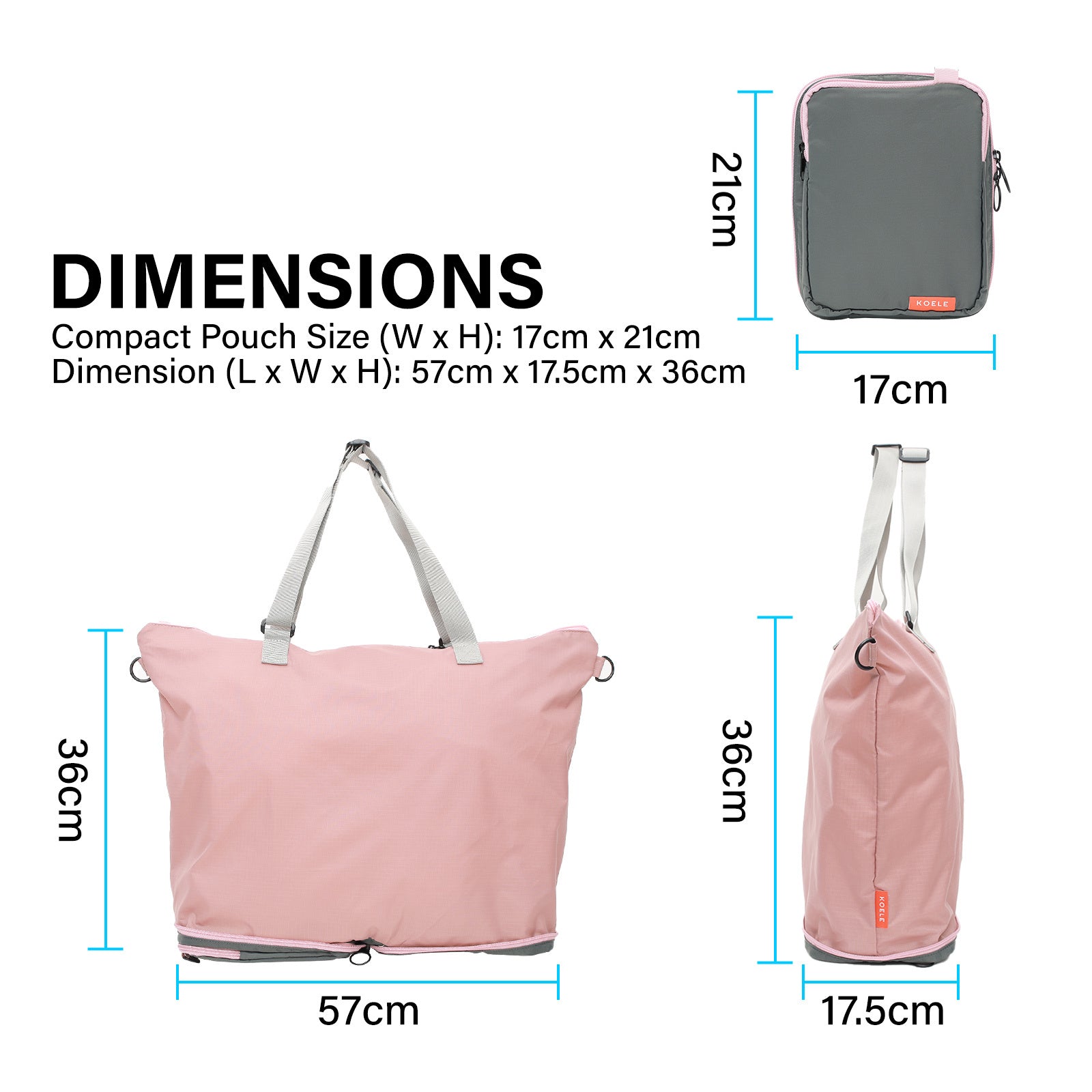 Waterproof Foldable Shopper Tote Laptop Bag, Compact, Pink - KOELE