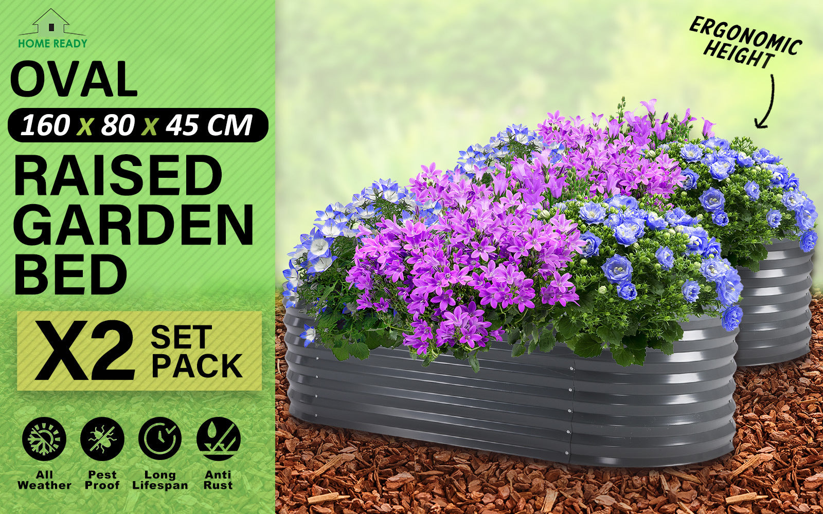 Durable Oval Galvanized Steel Raised Garden Beds, 2X Set