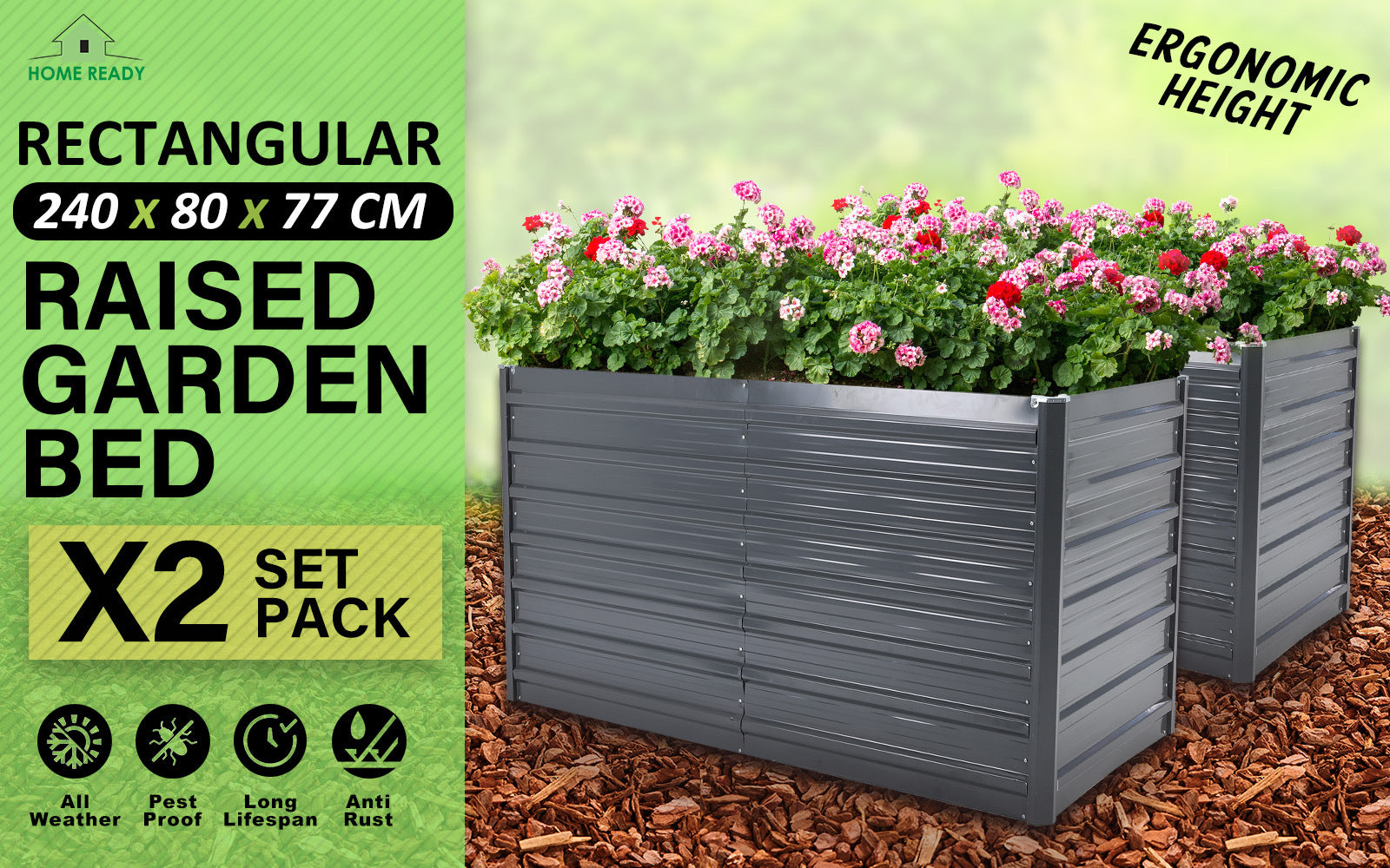 2X 2-in-1 Anti-Rust Raised Garden Bed Galvanized Steel