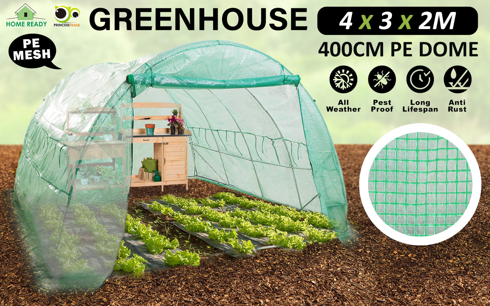 UV Resistant Polytunnel Greenhouse with Steel Frame 4x3x2M