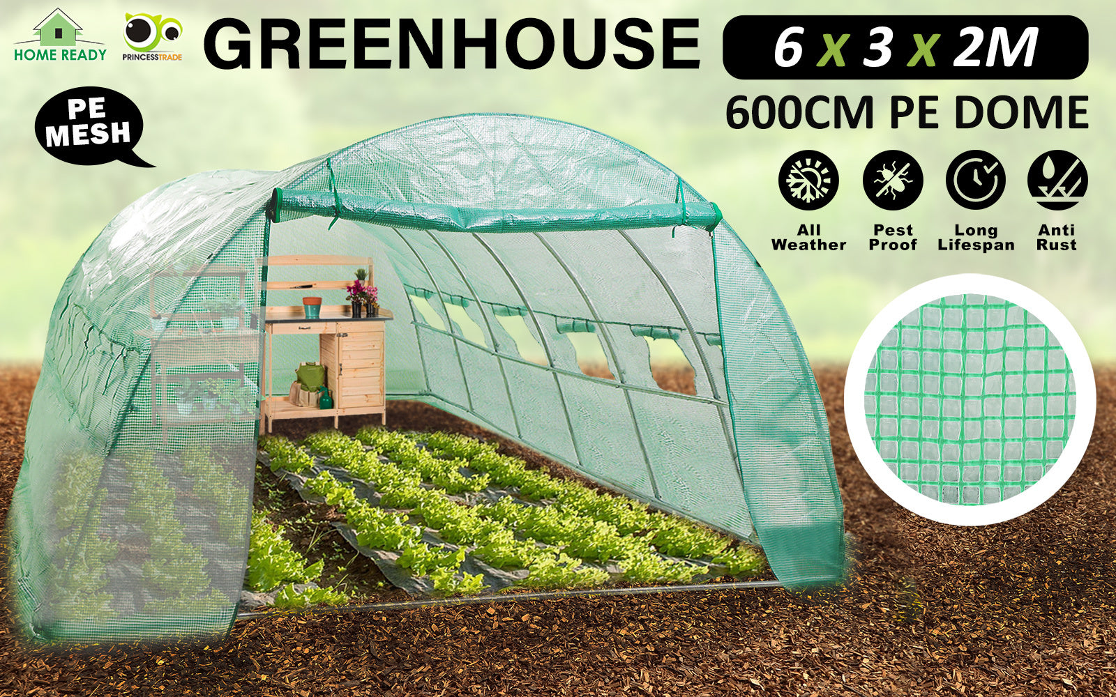 Large Steel Frame Walk-In Greenhouse 6x3x2M, UV PE Mesh - Home Ready