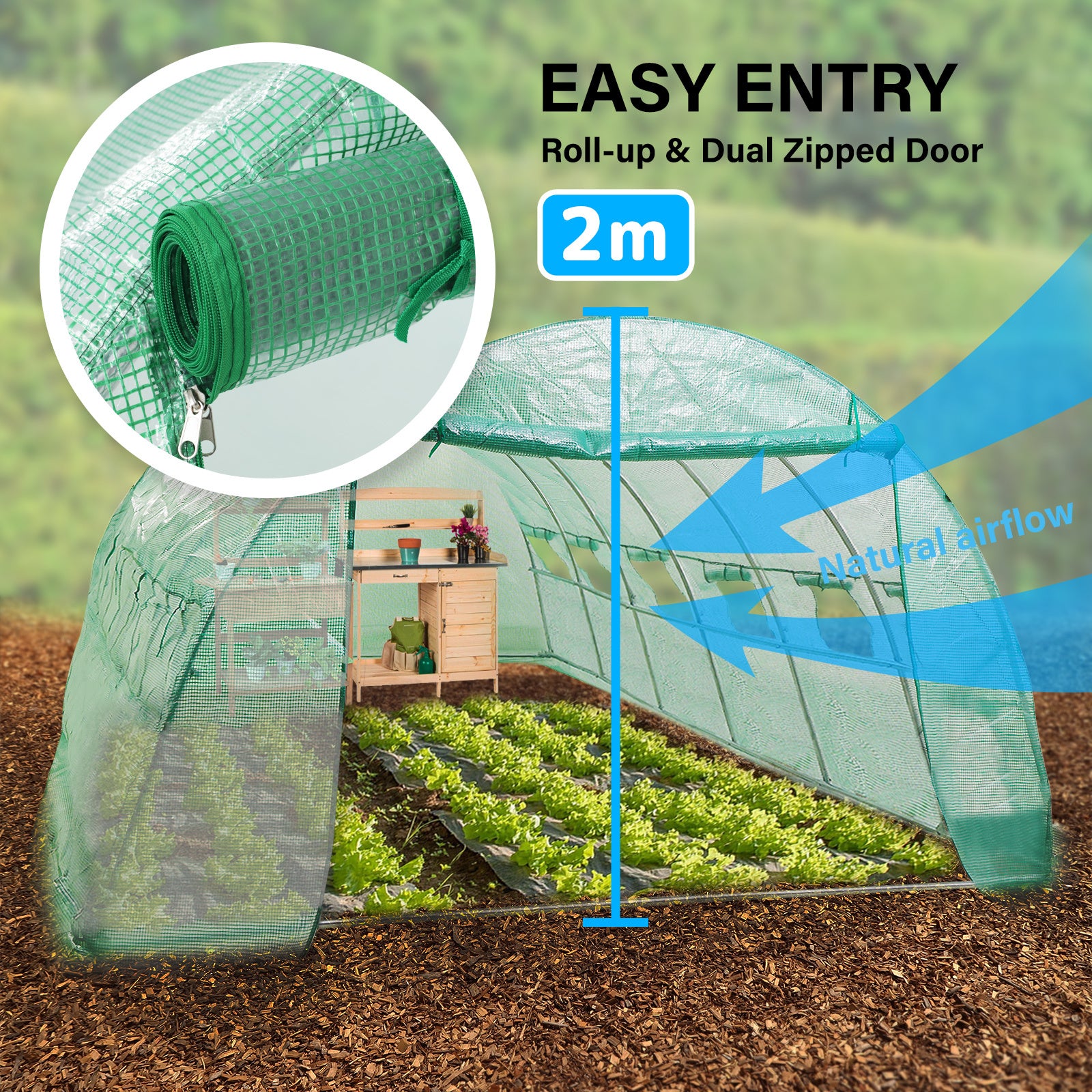 Large Steel Frame Walk-In Greenhouse 6x3x2M, UV PE Mesh - Home Ready