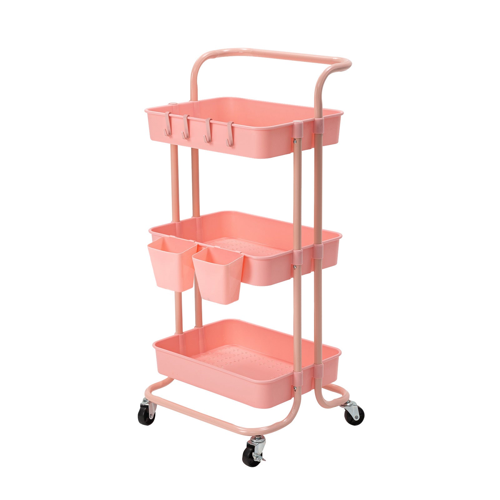 Pink 3-Tier Storage Trolley Cart, Wheels, Hooks, Kandoka