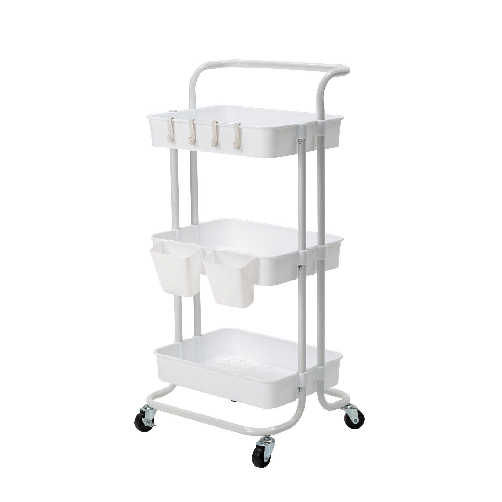 Durable 3-Tier Steel Utility Cart with Wheels, White - Kandoka