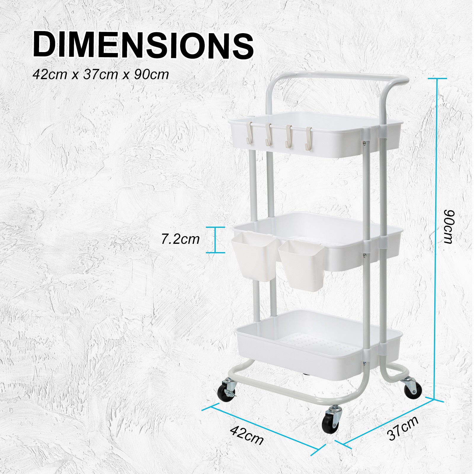 Durable 3-Tier Steel Utility Cart with Wheels, White - Kandoka