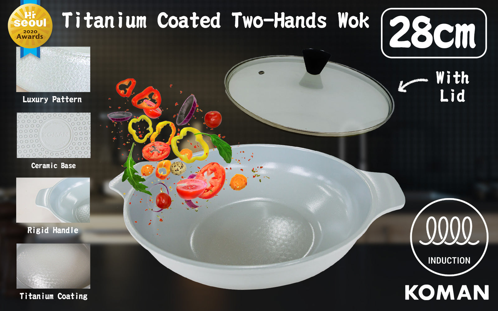 Titanium Non-Stick Two Hands Wok 28cm + Lid | KOMAN