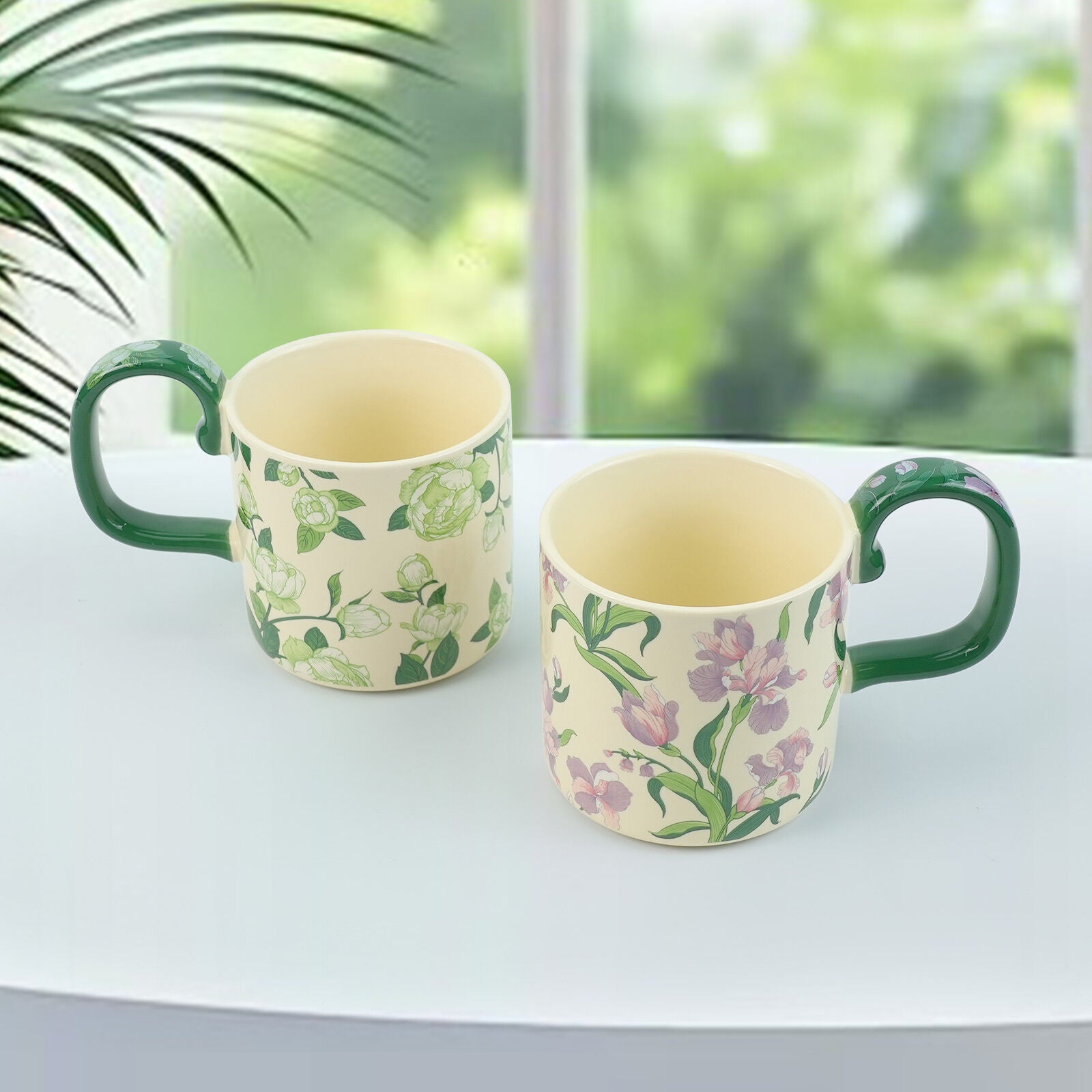 2X High-Fired Ceramic Porcelain Mug Set with Lid 400ml Vintage Floral Tea Spoon GREEN