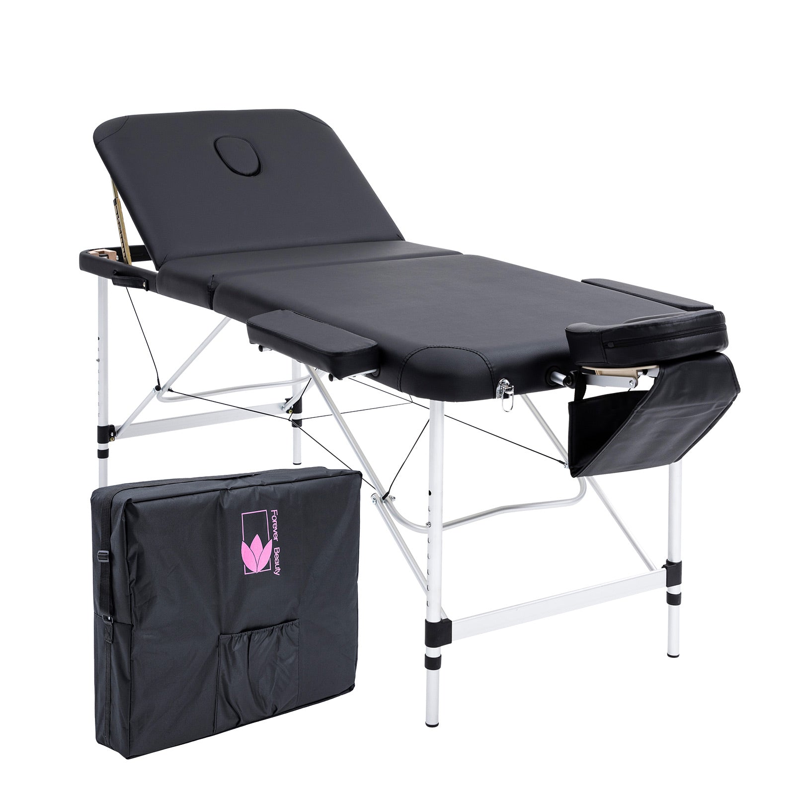 Adjustable Aluminium 3-Fold Massage Table with Carry Bag - Black