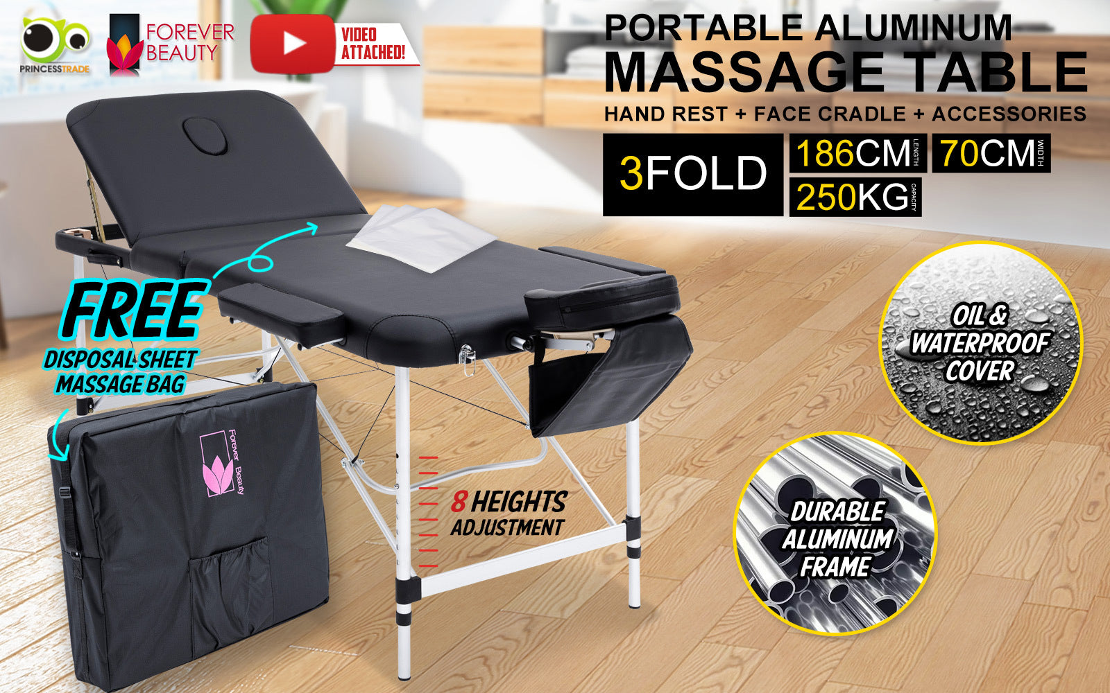 Adjustable Aluminium 3-Fold Massage Table with Carry Bag - Black