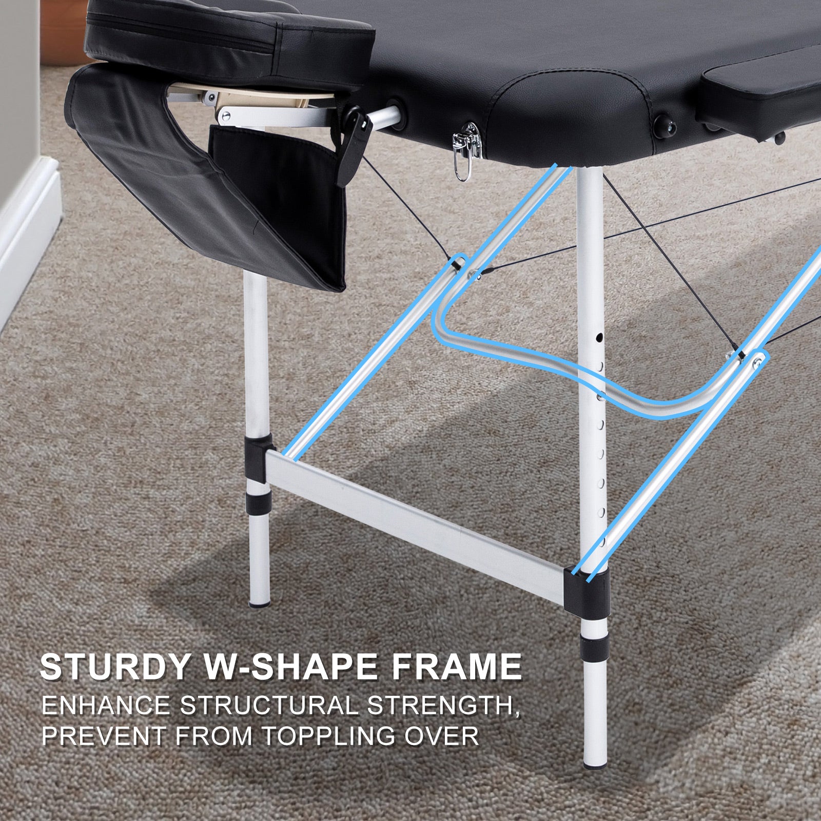 Adjustable Aluminium 3-Fold Massage Table with Carry Bag - Black