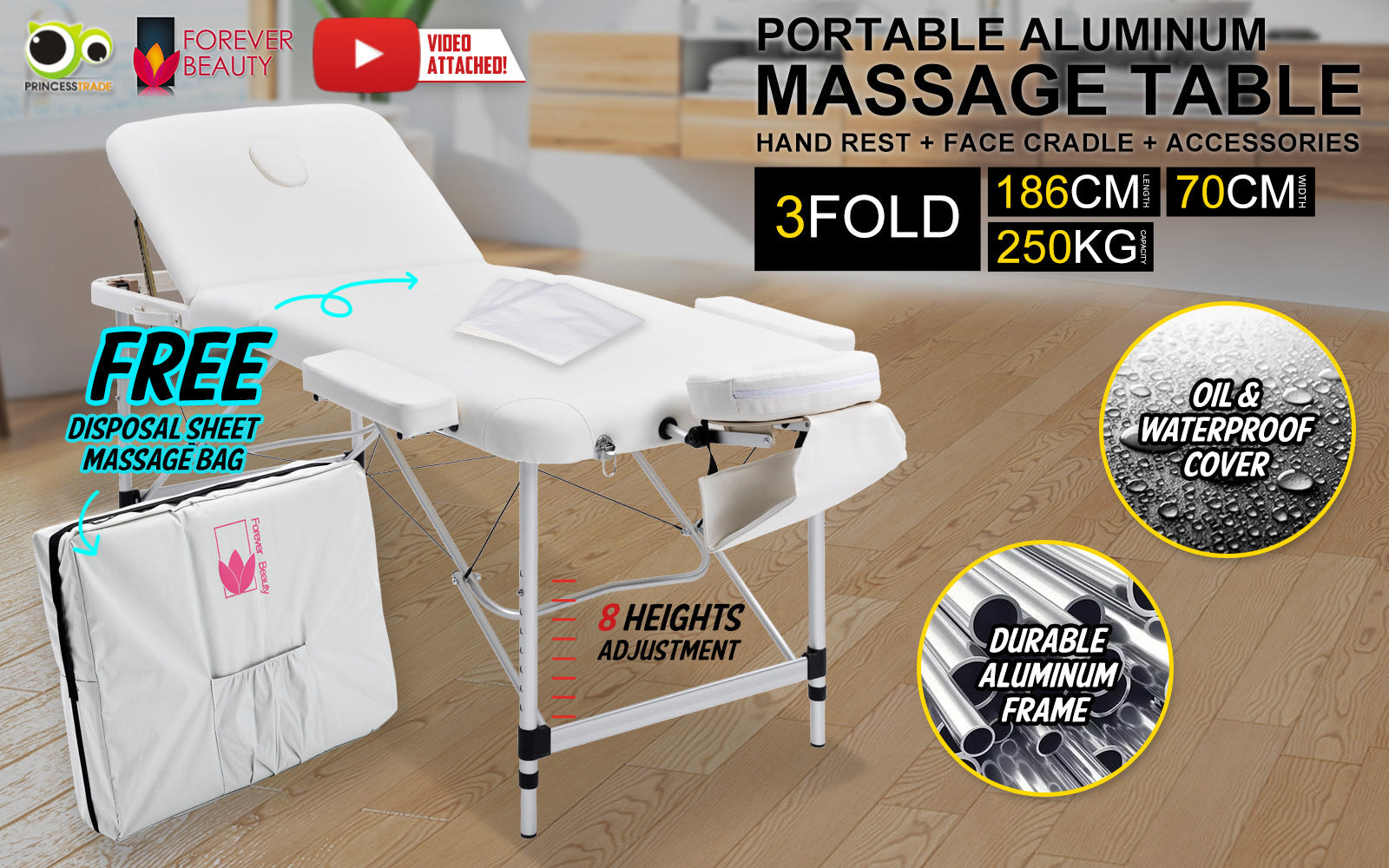 Adjustable Aluminium Portable Massage Table Bed 70cm Set